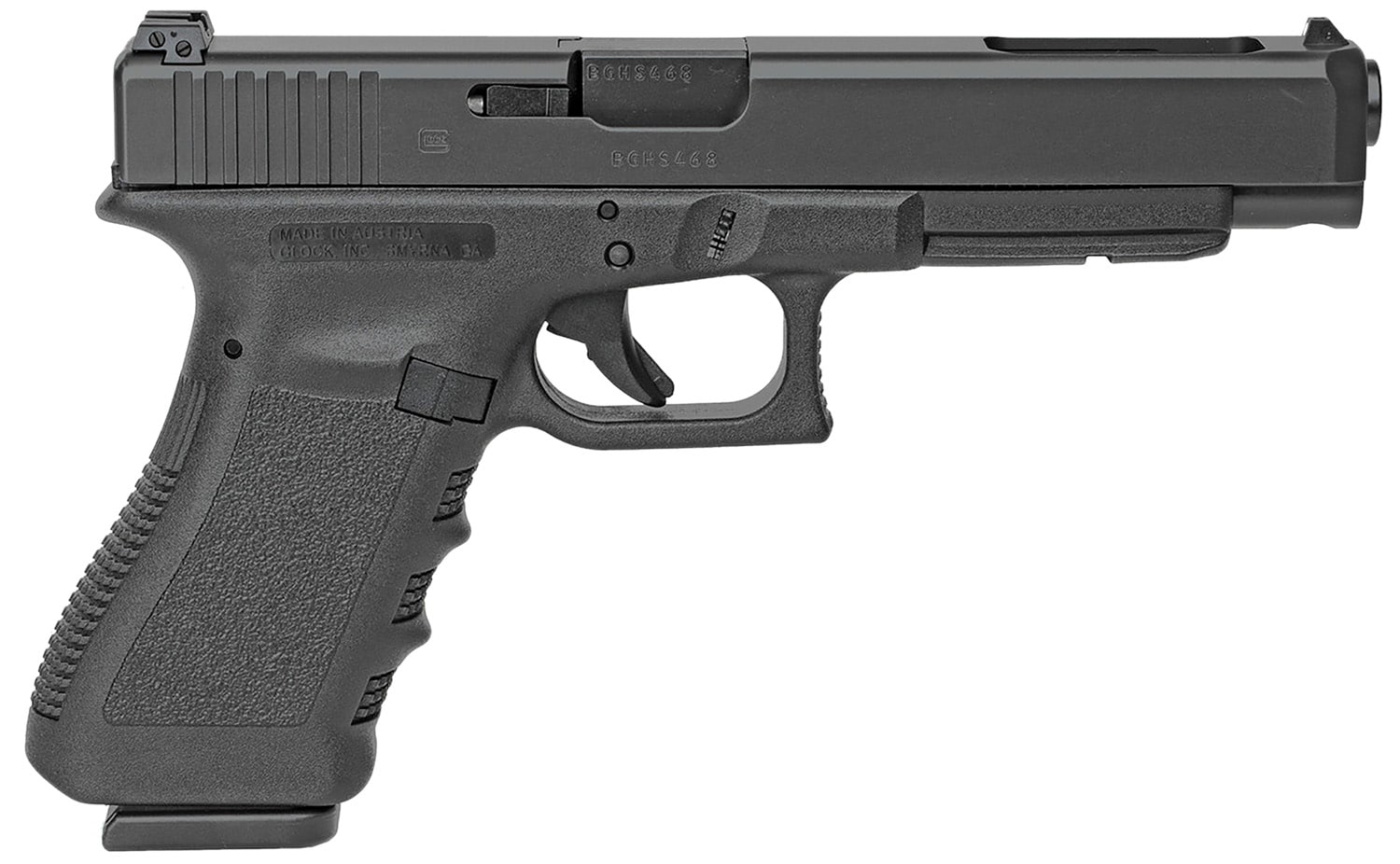 Glock PI3430101 G34 Gen3 *CA Compliant Competition 9mm Luger 10+1 5.31" Black Polygonal Rifled Barrel, Matte Black Serrated Slide, Black Polymer Frame w/Picatinny Rail, Black Textured Finger Grooved Polymer Grip, Right Hand