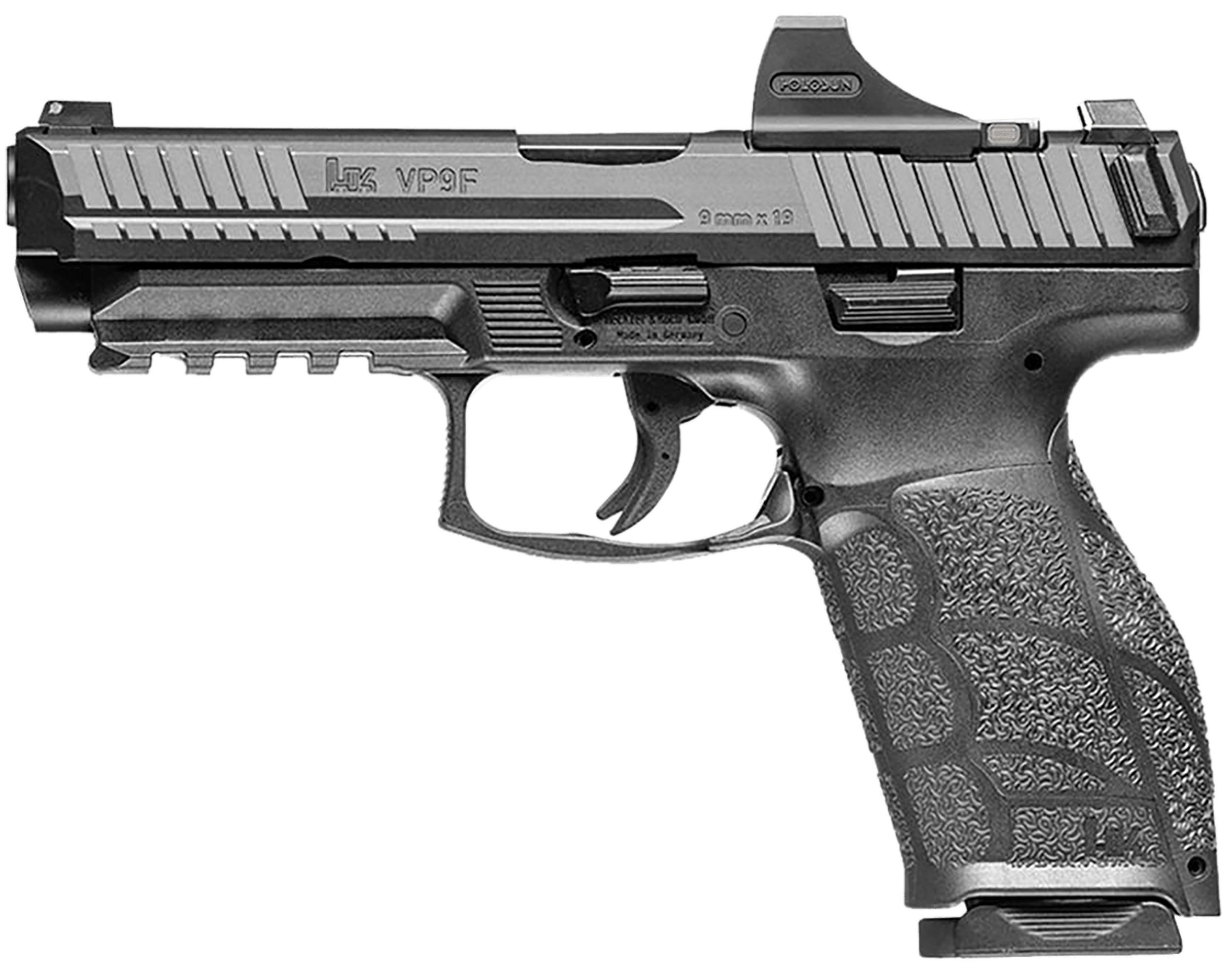 HK 81001123 VP9A1 F w/Red Dot Full Size Frame 9mm Luger 20+1 4.53" Black Steel Barrel, Optic Ready/Serrated Steel Slide, Black Polymer Frame w/Picatinny Rail, Interchangeable Backstrap Grip, Holosun SCS Red Dot, Ambidextrous