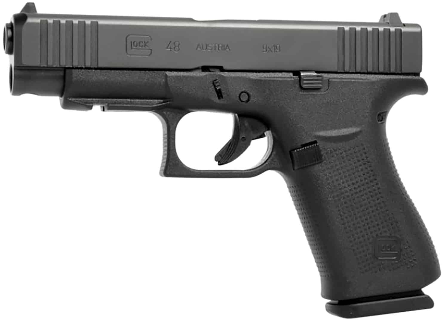 Glock PA4850201FR G48 Slim Compact Frame 9mm Luger 10+1 4.17" Black GMB Barrel, Black nDLC Serrated Steel Slide, Black Polymer Frame w/Beavertail & Front Rail, Black Textured Polymer Grip, Right Hand