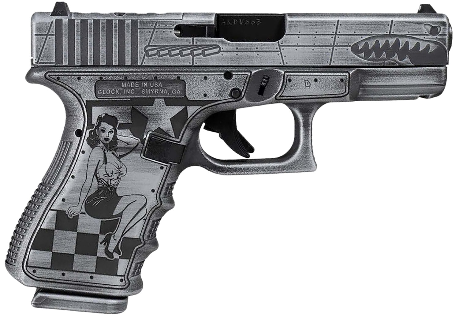 Glock UA195S204NP51M G19 Gen 5 P-51 Mustang 9mm Luger 15+1 4.02" Black GMB Barrel, Distressed Gray Cerakote Flying Tiger-Style Cut Steel Slide, Bomber Engraved Polymer Frame w/Picatinny Rail, Distressed Gray Textured w/Pin-up Girl Grip, Ambidextrous