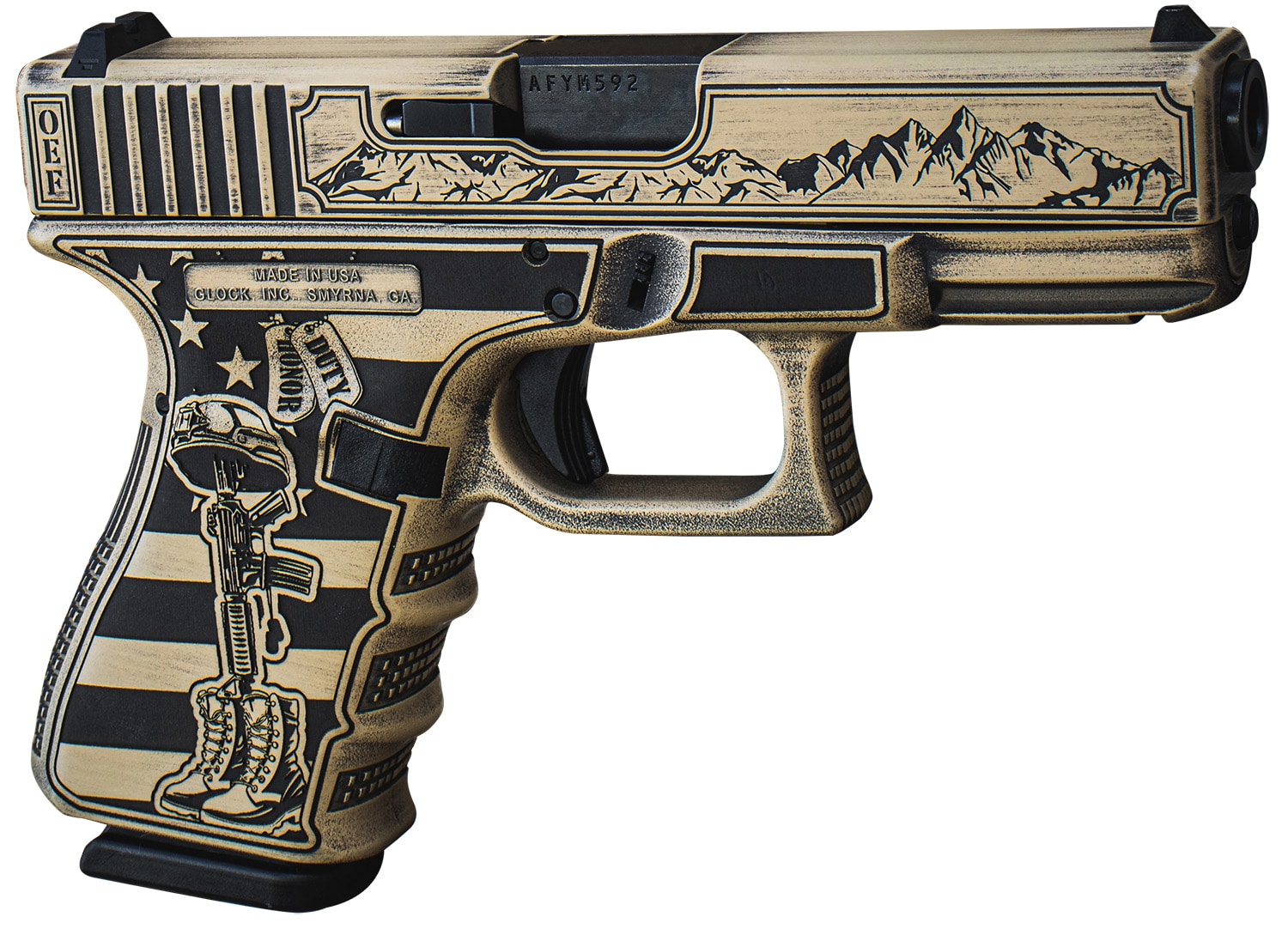 Glock UA195S204MOSNOEF G19 Gen5 MOS Compact Frame 9mm Luger 15+1 4.02" Black GMB Barrel Tan/Black Engraved w/Mountain Range & OEF Steel Slide Tan/Black Cerakote Polymer Frame w/Picatinny Rail Engraved w/Battlefield Cross Grip Ambidextrous