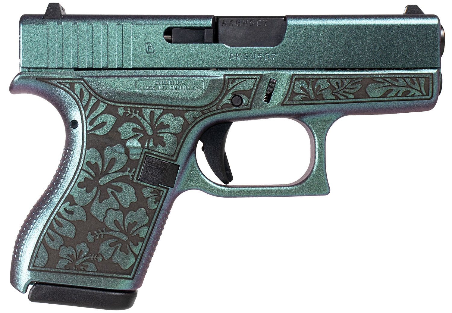 Glock UI4250204NHIBMAKO G42 Gen3 Sub-Compact Frame 380 ACP 6+1 3.25" Black Steel Barrel, Mako Green Cerakote Serrated Steel Slide, Mako Green Cerakote w/Hibiscus Polymer Frame, Textured Polymer Grip, Right Hand