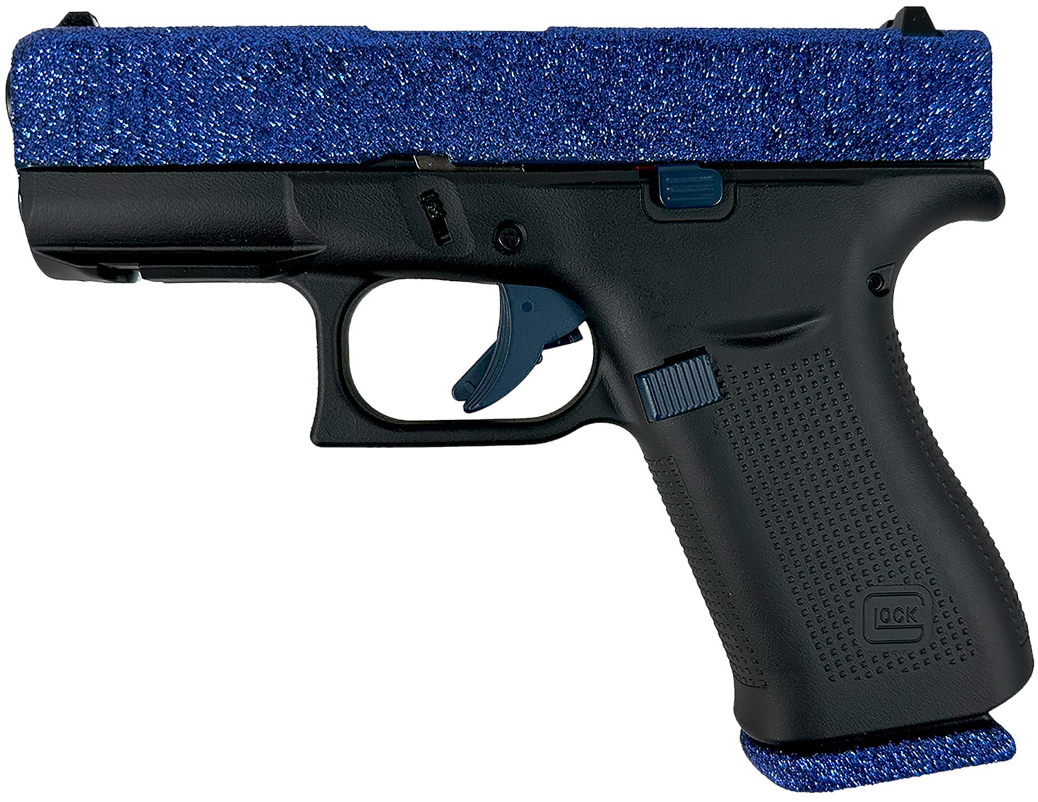 Glock PX435204NNVY G43X Sub-Compact Frame 9mm Luger 10+1 3.41" Black GMB Barrel, Navy Blue Glitter Serrated Steel Slide, Black Cerakote Polymer Frame w/Beavertail, Black Textured Grip, Ambidextrous