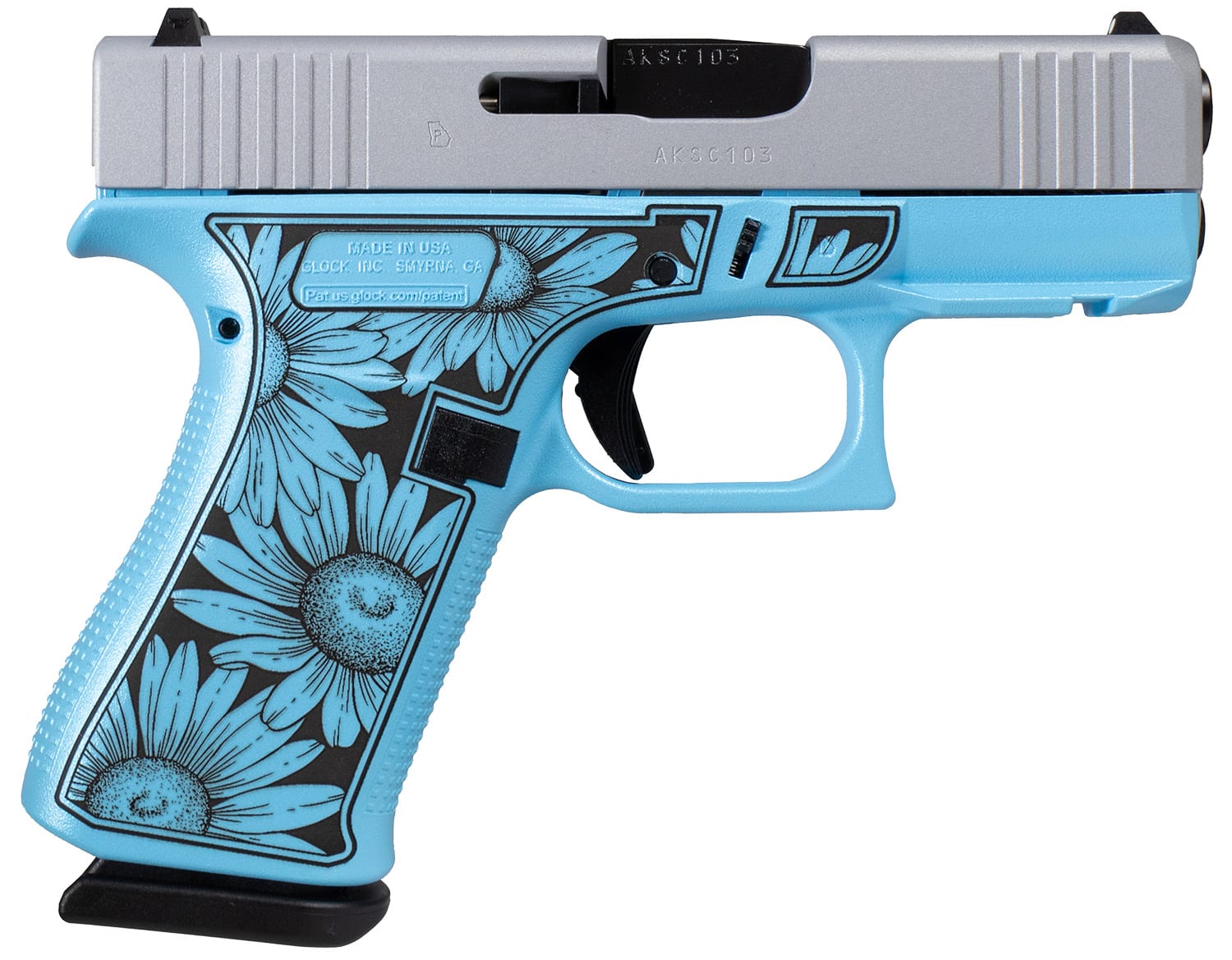 Glock UX4350204FRDAISYBLUE G43X FR Miss Daisy Sub-Compact Frame 9mm 10+1 3.41" Black GMB Barrel, Serrated Steel Slide, Blue Cerakote Polymer Frame w/Black Daisy Laser Engraving Grip, Front Rail