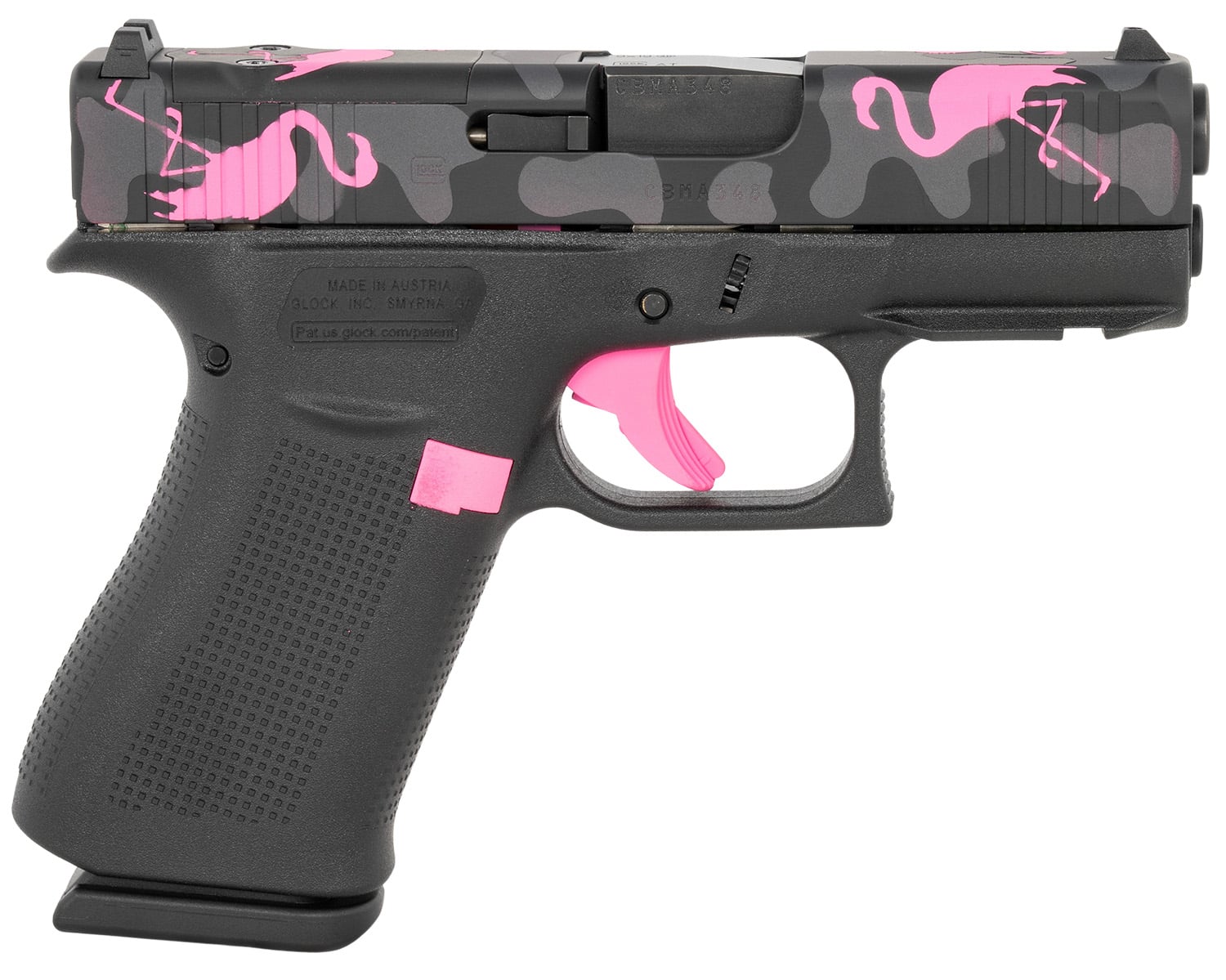 Glock PX4350204FRMOSMM G43X MOS Miami Mingo Sub-Compact Frame 9mm Luger 10+1 3.41" Black GMB Barrel, Black w/Pink Flamingos MOS Cut/Serrated Steel Slide, Black w/Pink Accents Polymer Frame w/Picatinny Rail, Black Textured, Ambidextrous