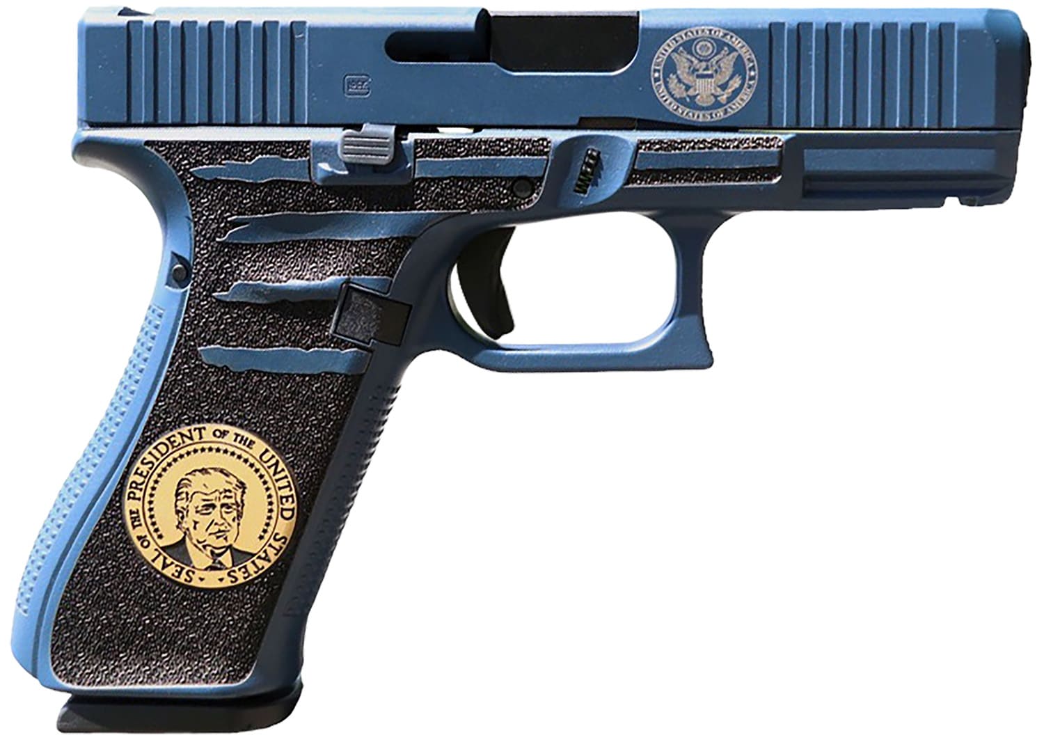 Glock PA455S204PRESBLU G45 Gen 5 Trump Compact Frame Black GMB Barrel, Presidential Blue Engraved "America First 47th" & Presidential Seal Serrated Steel Slide, Presidential Blue Polymer Frame w/Picatinny Rail, Black/Gold Trump Grip, Ambidextrous