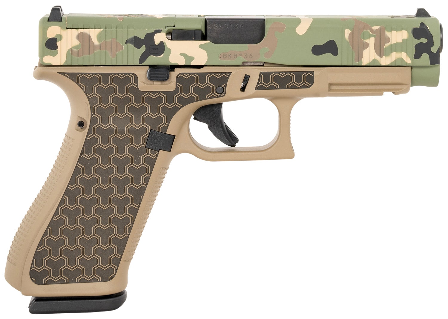 Glock PA475S204MOSYNOTHUNTER G47 Gen5 MOS Full Size Frame 9mm Luger 17+1 4.49" Black GMB Barrel, Hunter Camo Cerakote MOS Cut/Serrated Steel Slide, Coyote Tan Cerakote Polymer Frame w/Picatinny Rail, YNOT Lasered Grip, Ambidextrous