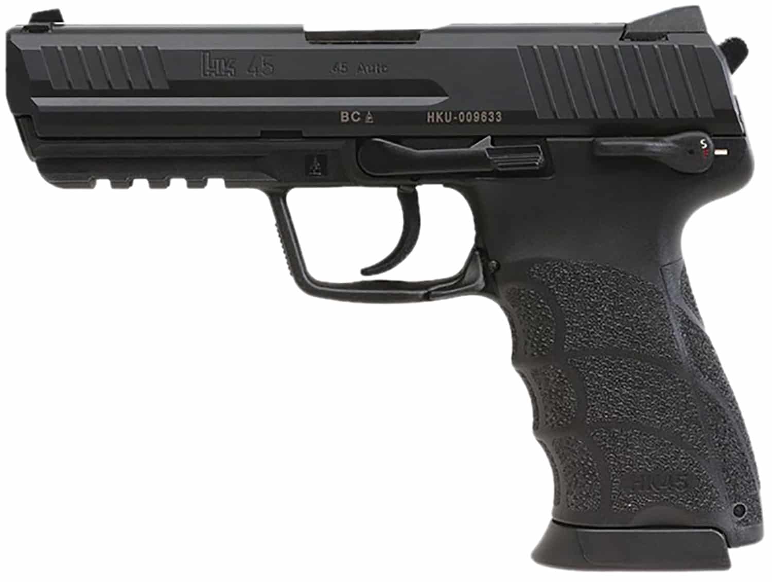HK 81001113 HK45 V1 .45 ACP 10+1 4.46" Black Polygonal Rifled Barrel, Black Cerakote Serrated Steel Slide, Black Polymer Frame w/Picatinny Rail, Ambidextrous