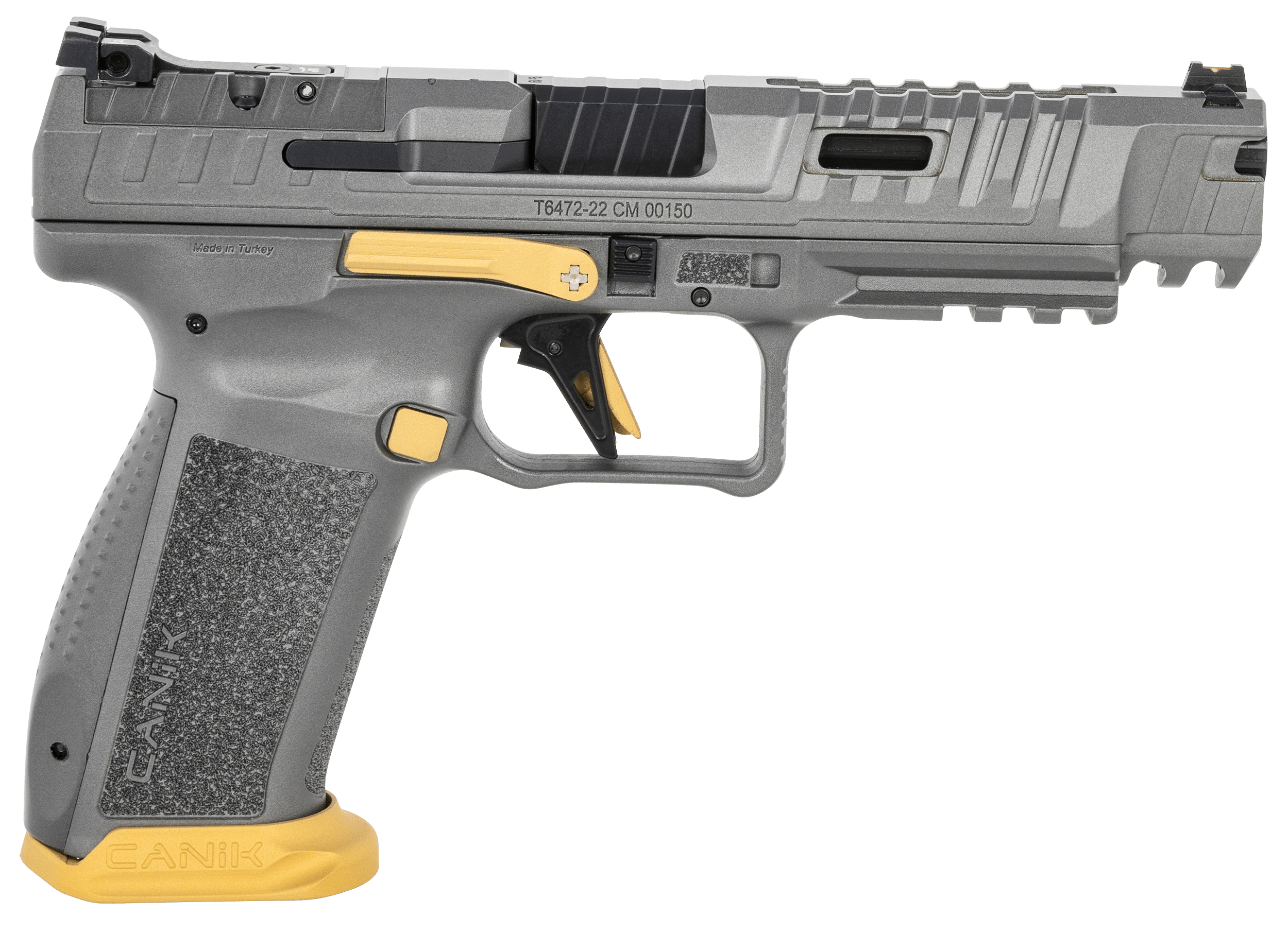 Canik HG6610TN SFx Rival Full Size 9mm Luger 18+1, 5" Black Steel Barrel, Rival Gray Ported/Serrated Slide, Rival Gray w/Gold Accents Polymer Frame w/Beavertail & Picatinny Rail, Ambidextrous