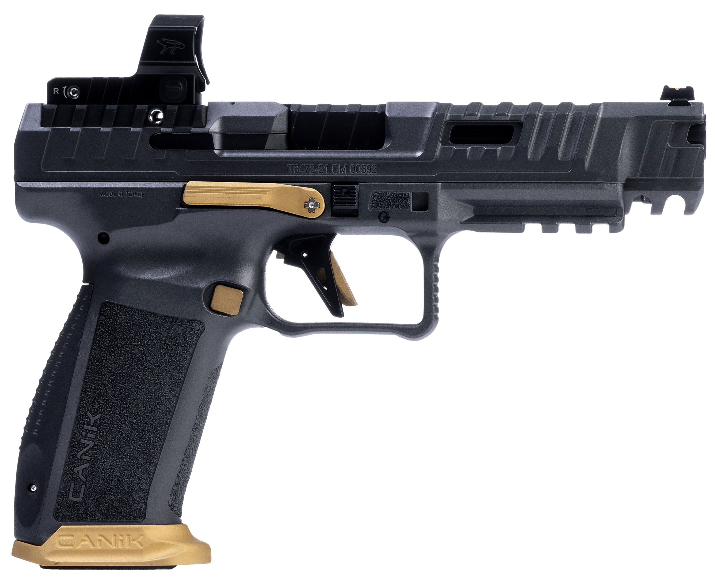 Canik HG7160TN SFx Rival w/Optic Full Size Frame 9mm Luger 18+1, 5" Black Steel Barrel, Rival Gray Ported/Serrated Steel Slide, Rival Gray w/Gold Accents Polymer Frame w/Beavertail & Picatinny Rail, MeCanik MO2 Red Dot, Ambidextrous