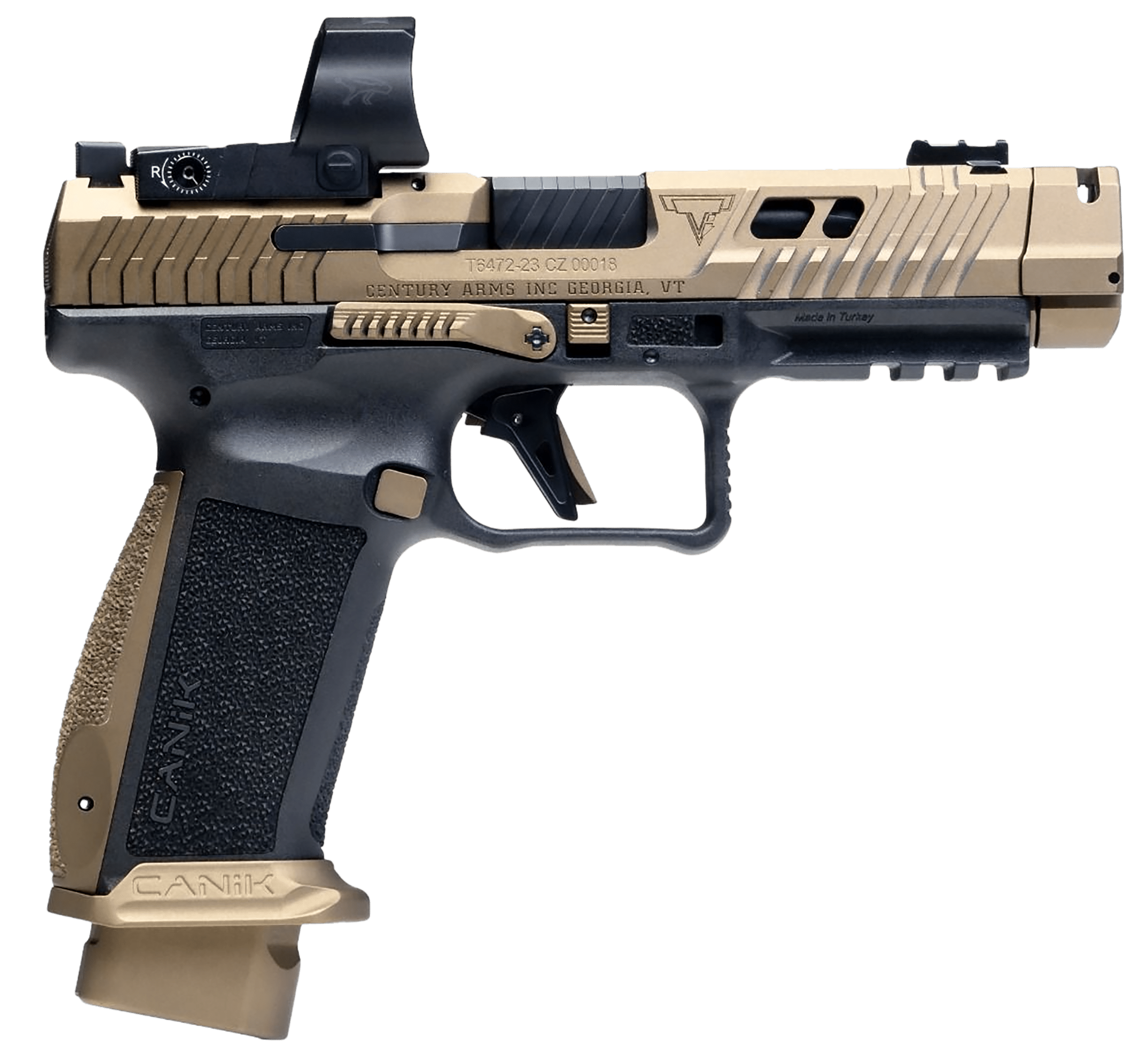 Canik HG7854VN TTI Combat w/Optic Full Size Frame 9mm Luger 18+1 4.60" Fluted/Ported Barrel, Burnt Bronze Cerakote Optic Cut/Serrated Slide, Black Polymer Frame w/Picatinny Rail, MaCanik M03 Competition Red Dot *
