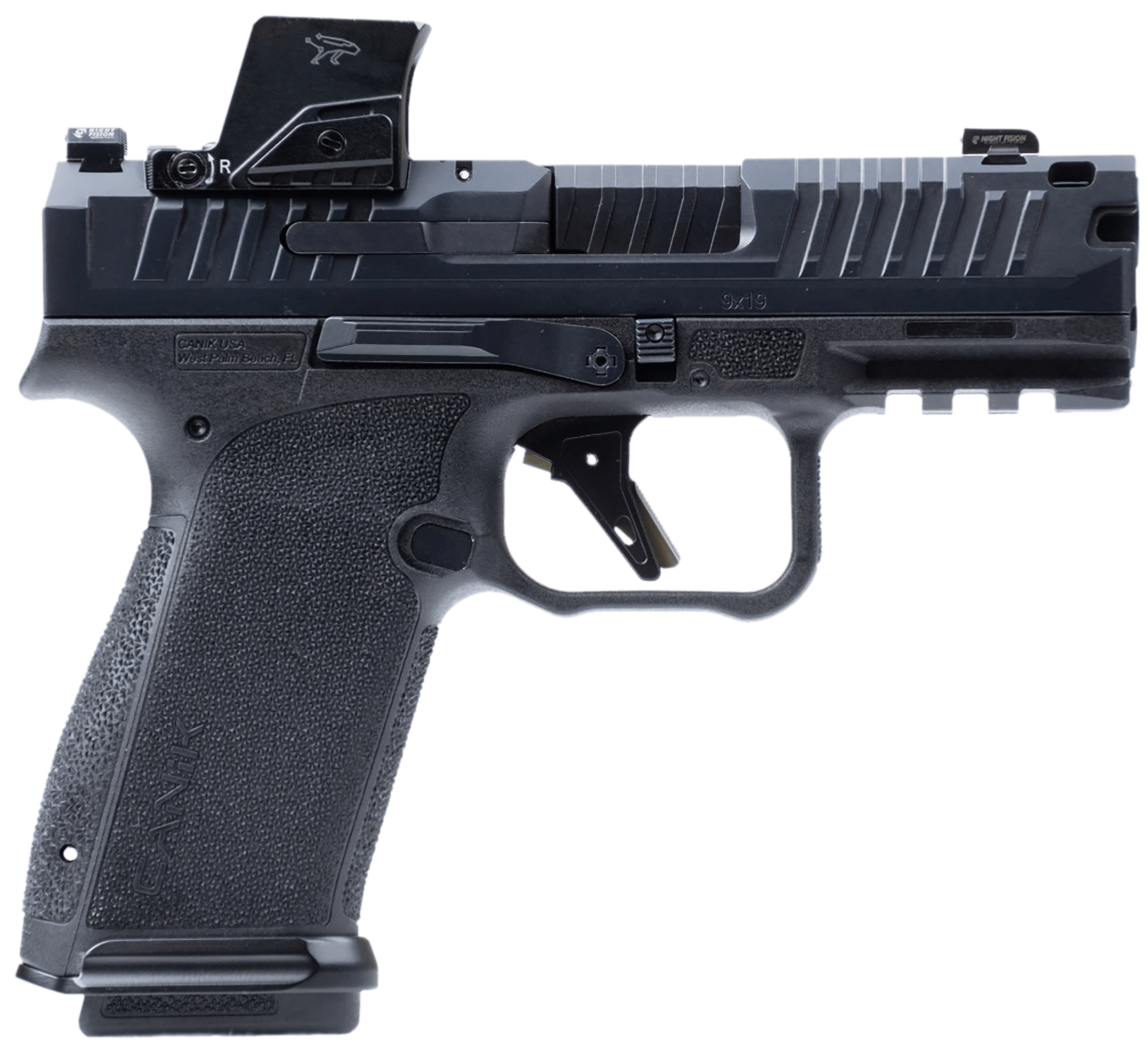 Canik HG8328VN Mete MC9 Prime w/Optic 9mm Luger 17+1 3.64" Black Nitride Compensated Barrel, Black Nitride Integrated Compensator/Optic Ready/Serrated Steel Slide, Black Polymer Frame w/Picatinny Rail, MeCanik M04 Red Dot