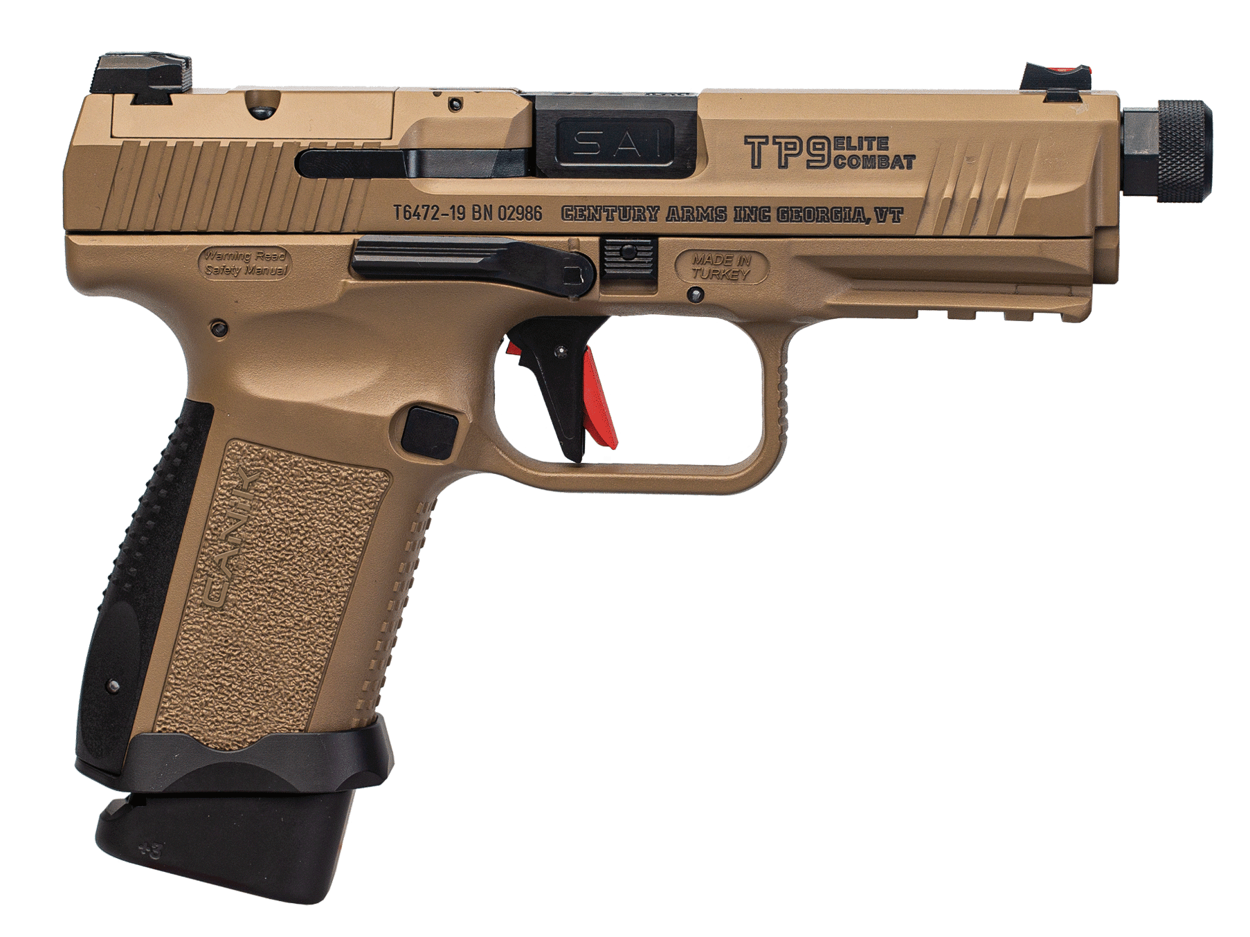 Canik HG6481DN TP9 Elite Combat 9mm Luger 18+1 4.73" Black Nitride Match Grade Threaded Barrel, Flat Dark Earth Cerakote Optic Ready/Serrated Steel Slide, Polymer Frame w/Picatinny Rail, Black Interchangeable Backstrap Grip
