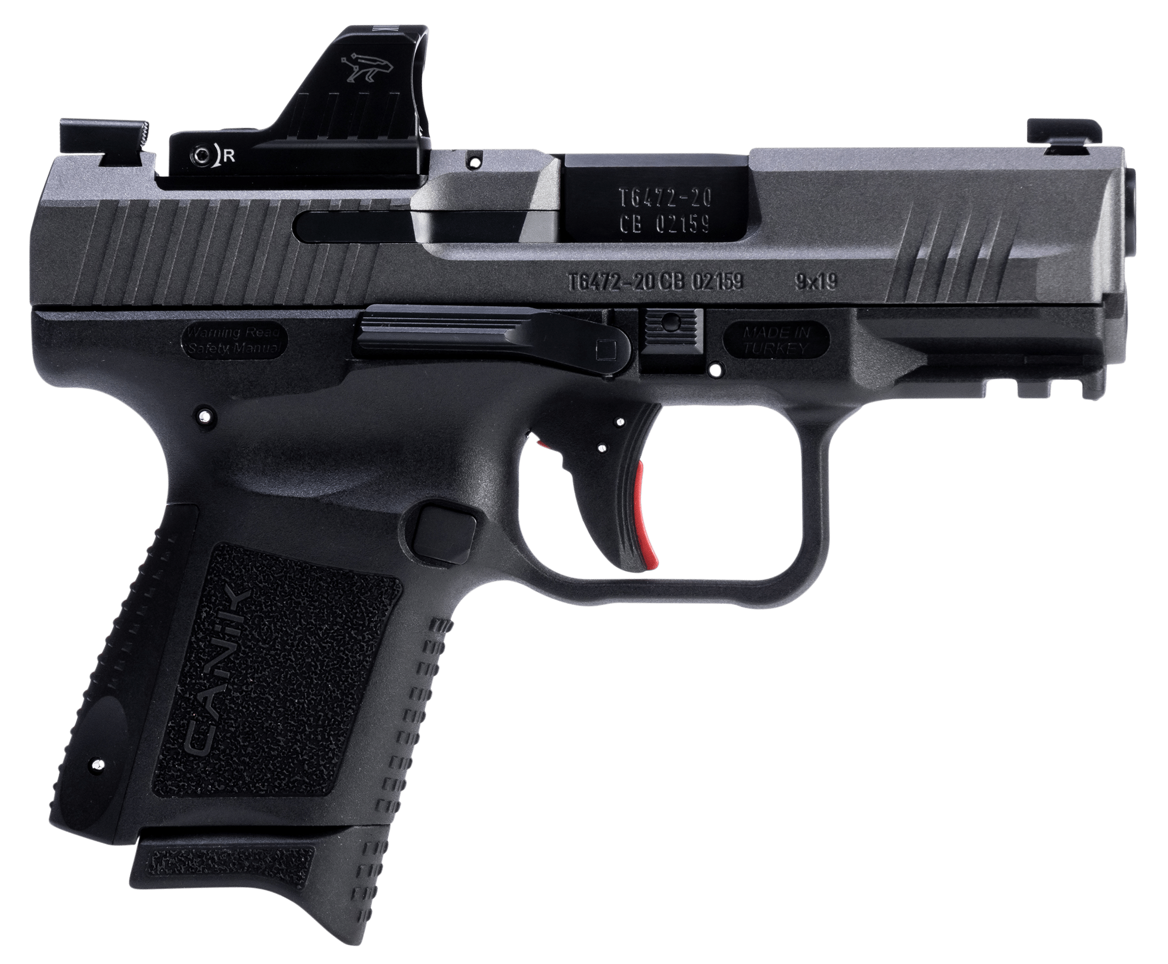 Canik HG7169TN TP9 Elite w/Optic Sub-Compact 9mm Luger 15+1/12+1 3.60" Black Nitride Match Grade Barrel, Tungsten Gray Cerakote Optic Ready/Serrated Steel Slide, Black Polymer Frame w/Picatinny Rail, MeCanik M01 Red Dot