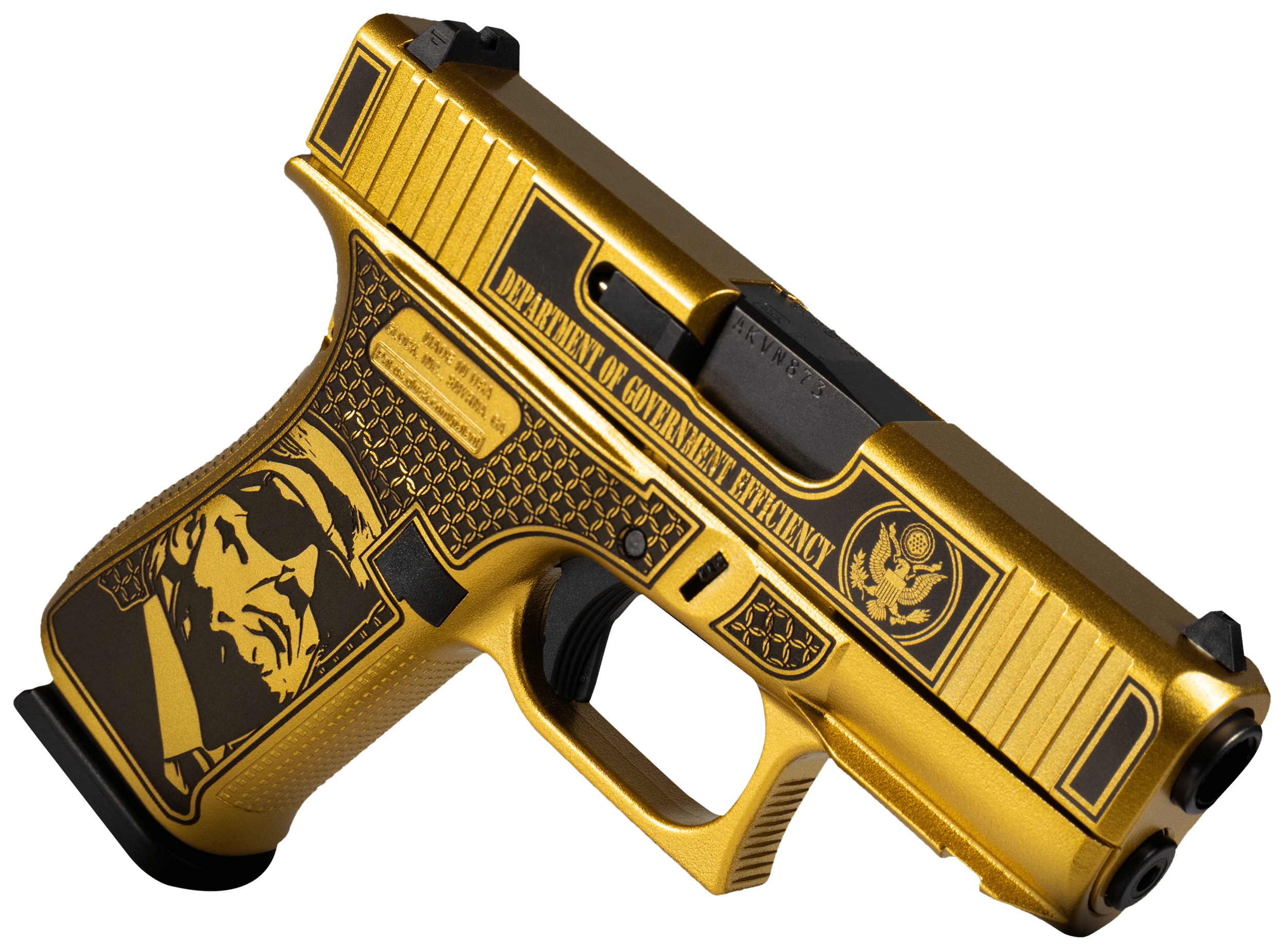 Glock UX4350201FRDGE G43X D.O.G.E. Sub-Compact Frame 9mm 10+1 3.41" Black GMB Barrel, Glamour Glock Gold Cerakote Serrated Steel Slide w/D.O.G.E, Glamour Glock Gold Cerakote Polymer Frame w/Trump & Elon