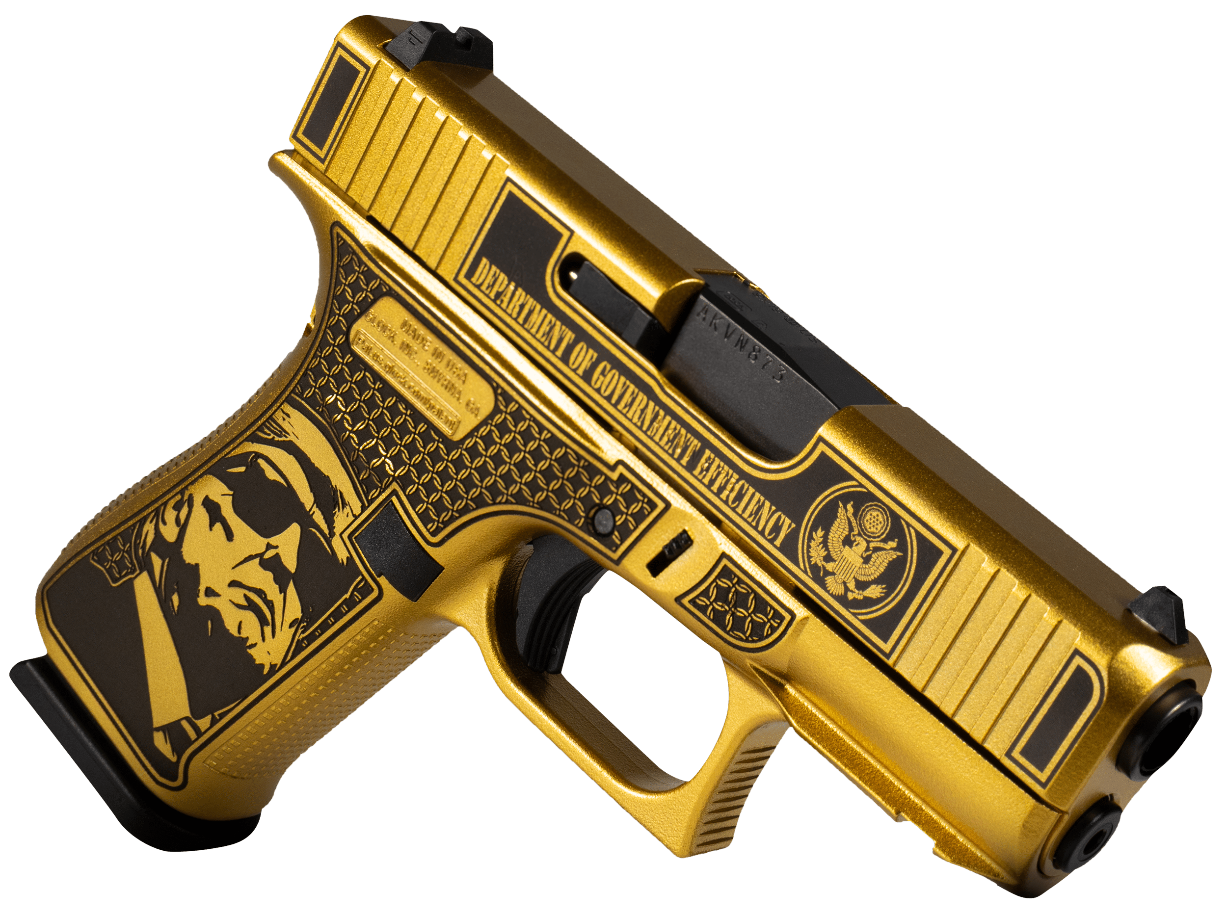 Glock UX4350204NDGE G43X D.O.G.E. Sub-Compact Frame 9mm 10+1 3.41" Black GMB Barrel, Glamour Glock Gold Cerakote Serrated Steel Slide w/D.O.G.E., Glamour Glock Gold Cerakote Polymer Frame w/Trump & Elon