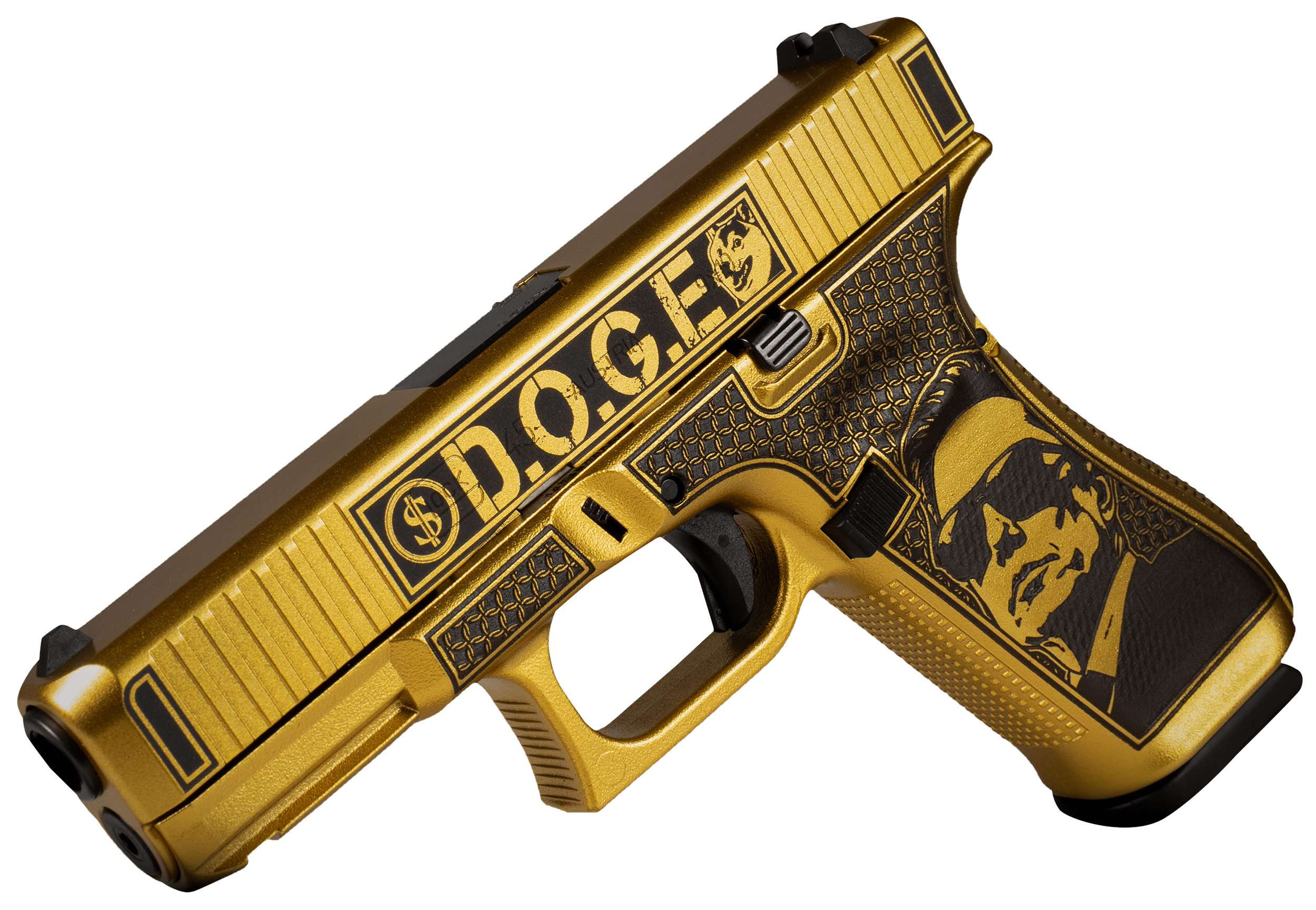 Glock UA455S204NDGE G47 Gen 5 MOS D.O.G.E. Compact Frame 9mm Luger 17+1 4.49" Black GMB Barrel, Glamour Glock Gold Cerakote Serrated Steel Slide w/D.O.G.E., Glamour Glock Gold Cerakote Polymer Frame w/Trump & Elon