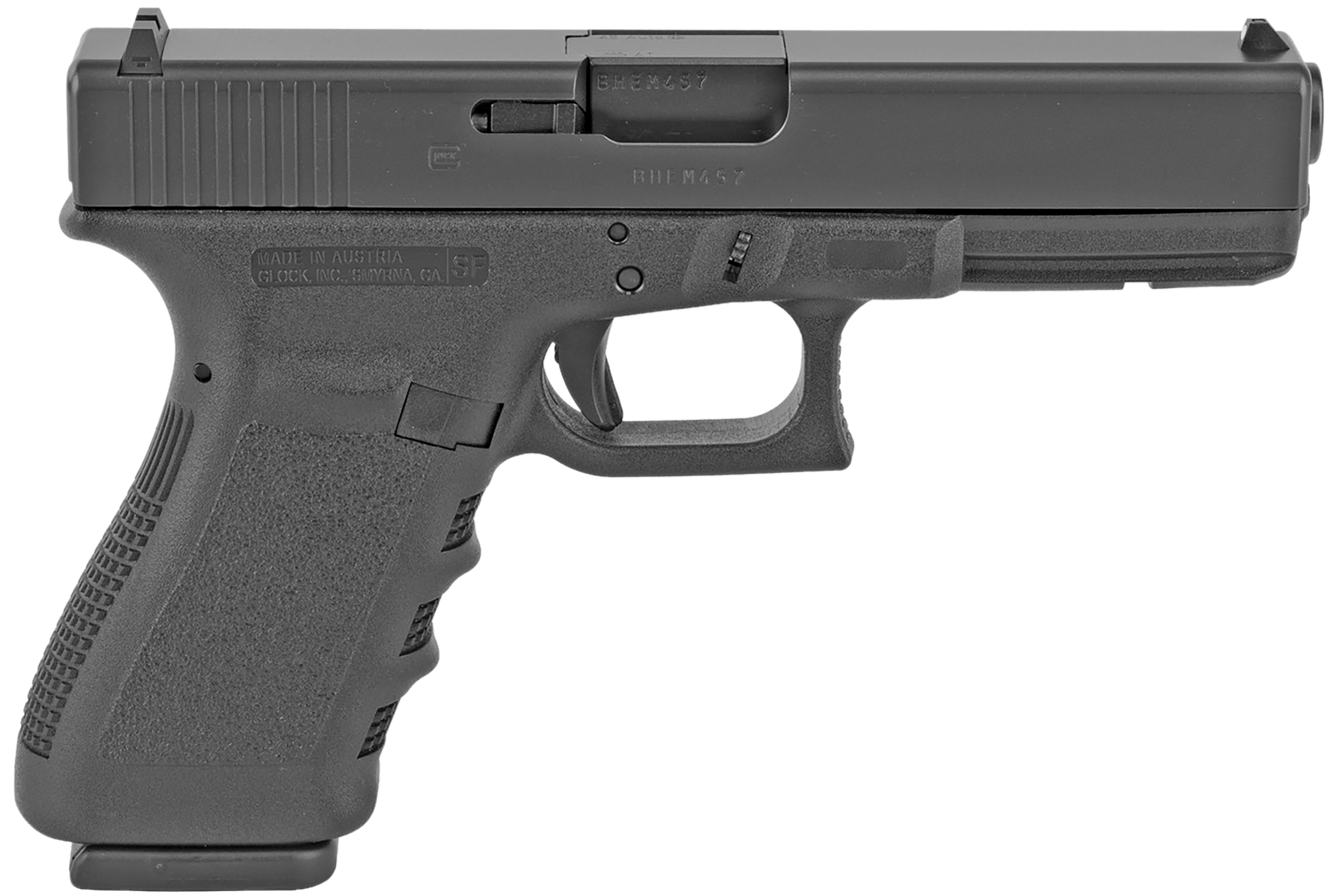 Glock PF2150201 G21SF Gen3 *CA Compliant Standard 45 ACP 10+1 4.61" Black Polygonal Rifled Barrel, Matte Black Serrated Slide, Black Polymer Frame w/Picatinny Rail, Black Textured Finger Grooved Polymer Grip