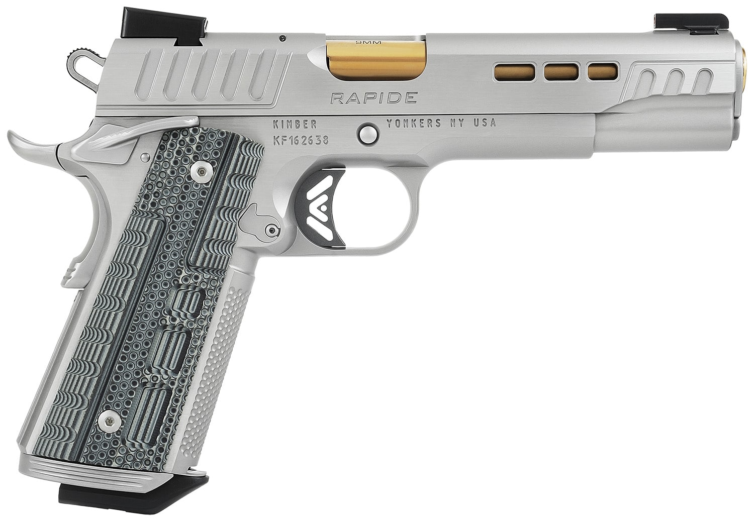 Kimber Mfg.,inc 3000420CA Rapide Dawn *CA/MA Compliant 9mm Luger 9+1 5" Gold TiN Stainless Steel Barrel, Lightening Cut/Serrated Stainless Steel Slide, Stainless Steel Frame w/Beavertail, Black & Gray G10 Grip