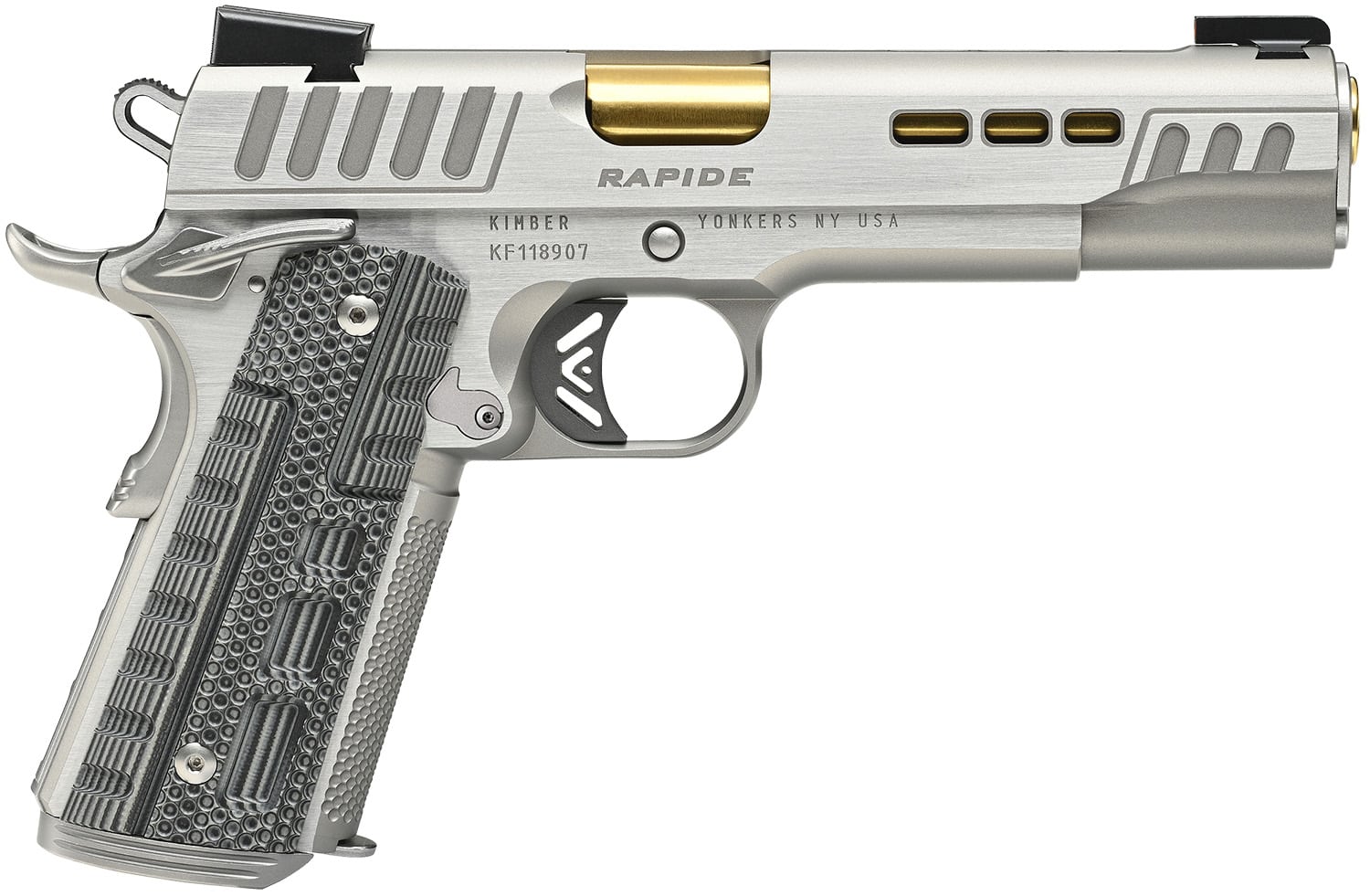 Kimber Mfg.,inc 3000423CA Rapide Dawn *CA/MA Compliant 45 ACP 8+1 5" Gold TiN Stainless Steel Barrel, Lightening Cut/Serrated Stainless Steel Slide, Stainless Steel Frame w/Beavertail, Black & Gray G10 Grip