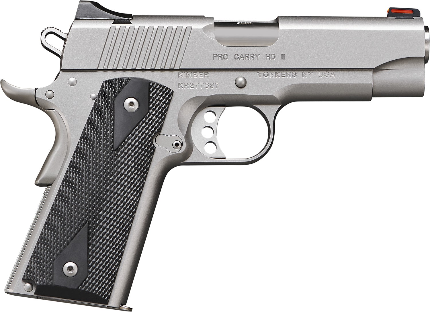 Kimber Mfg, Inc 3200044CA Carry HD II Pro *CA Compliant 38 Super 9+1 4" Stainless Steel Barrel, Satin Silver Serrated Stainless Steel Slide, Satin Silver, Black Synthetic Double Diamond Checkering Grip
