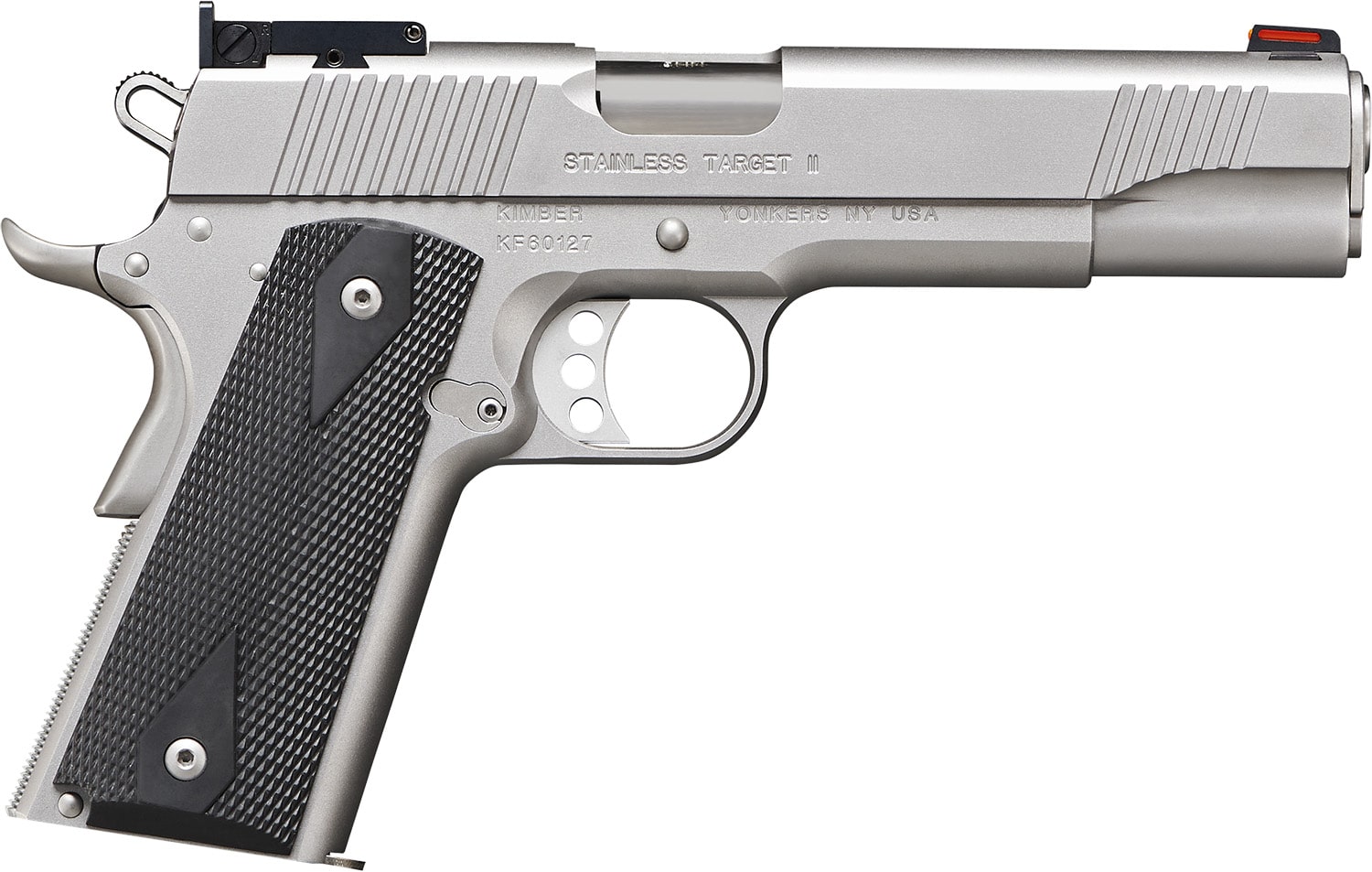 Kimber Mfg, Inc 3200108CA Target II *CA Compliant 9mm Luger 9+1 5" Stainless Match Grade Barrel, Satin Silver Serrated Stainless Steel Slide, Satin Silver Stainless Steel Frame w/Beavertail, Black Synthetic Double-Diamond Checkering Grip