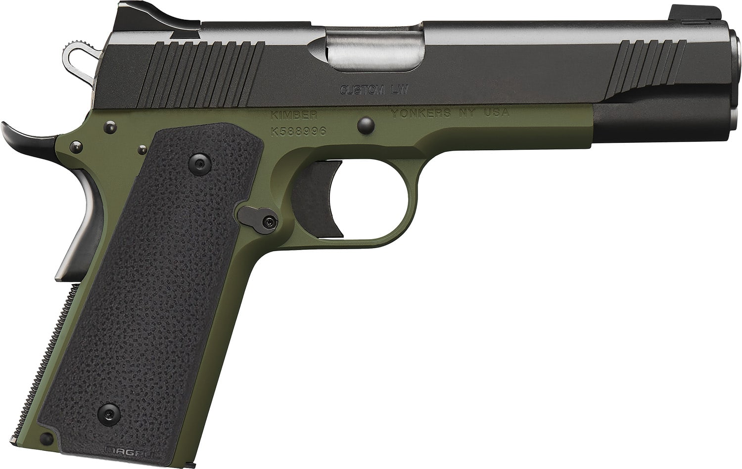 Kimber Mfg, Inc 3000465 Custom LW MP 9mm Luger 9+1 5" Stainless Match Grade Barrel, Black Serrated Steel Slide, Ranger Green Aluminum Frame w/Beavertail, Black Textured Grip