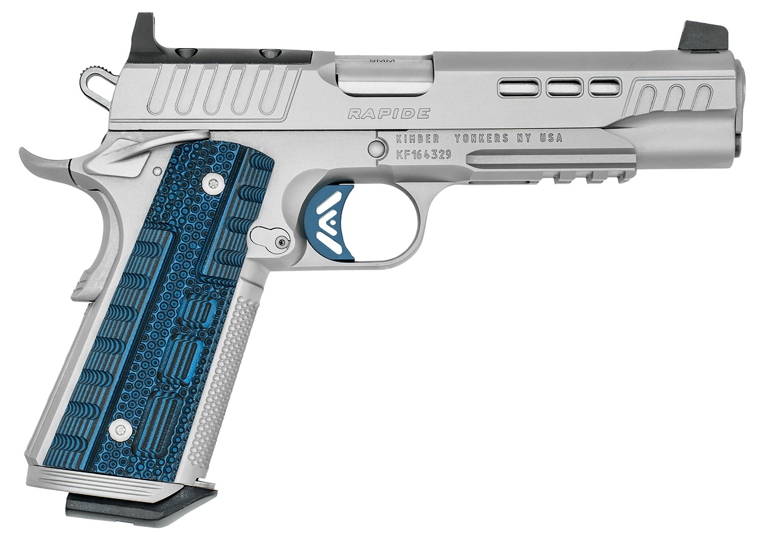Kimber Mfg.,inc 3000454 Rapide Ice 45 ACP 8+1 5.50" Stainless Steel Barrel, Stainless Lightening Cut/Optic Ready/Serrated Stainless Steel Slide, Stainless Stainless Steel Frame w/Beavertail, Blue G10 Grip