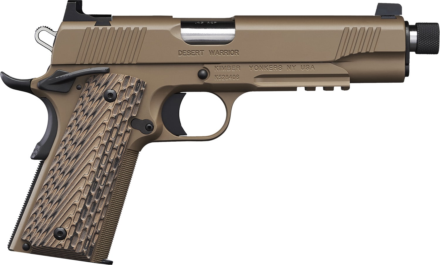 Kimber Mfg, Inc 3000237 Desert Warrior 45 ACP 7+1 5.50" Stainless Threaded Barrel, KimPro II Desert Tan Serrated Steel Slide, KimPro II Desert Tan Steel Frame w/Beavertail & Picatinny Rail, G10 Tactical Grip
