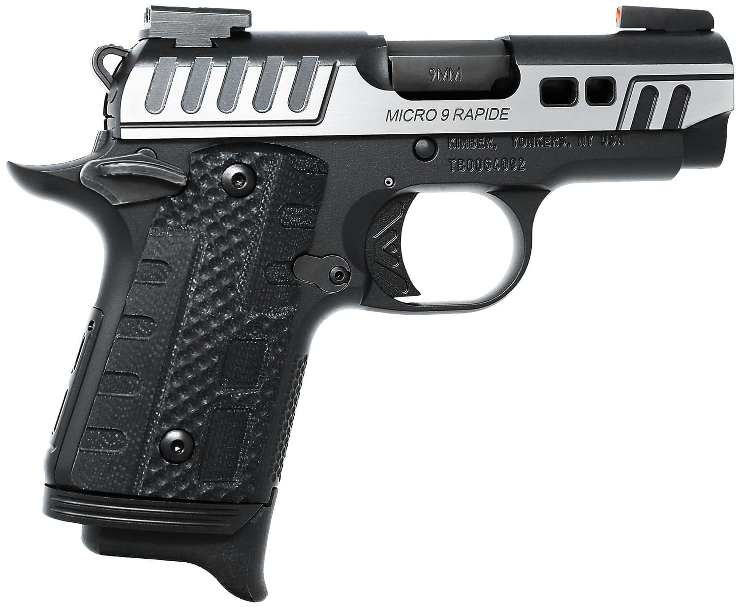 Kimber Mfg, Inc 3300231 Micro 9 Rapide Scorpius Micro Frame 9mm Luger 7+1 3.15" Stainless Match Grade Barrel, Kim Pro II Black/Silver Lightening Cut/Serrated Stainless Steel Slide, Kimpro II Black Aluminum Frame w/Beavertail, Black G10 Grip