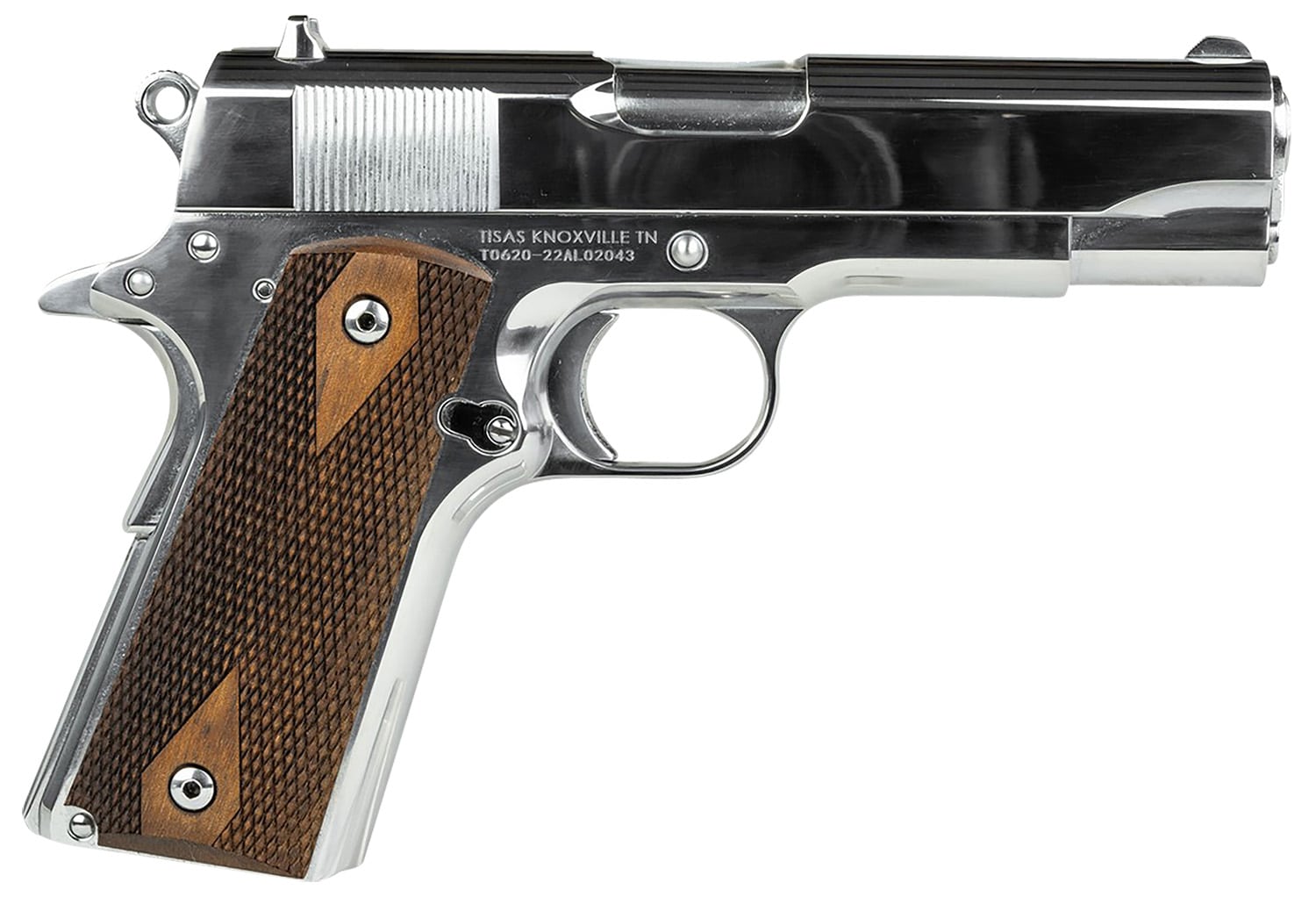 SDS Imports 10100112 1911 A1 Desperado Full Size 38 Super/9mm Luger 9+1 4.25" Stainless Steel Barrel, High Polished Chrome Serrated Steel Slide, High Polished Chrome Steel Frame w/Beavertail, Turkish Walnut Grips, Two Barrels