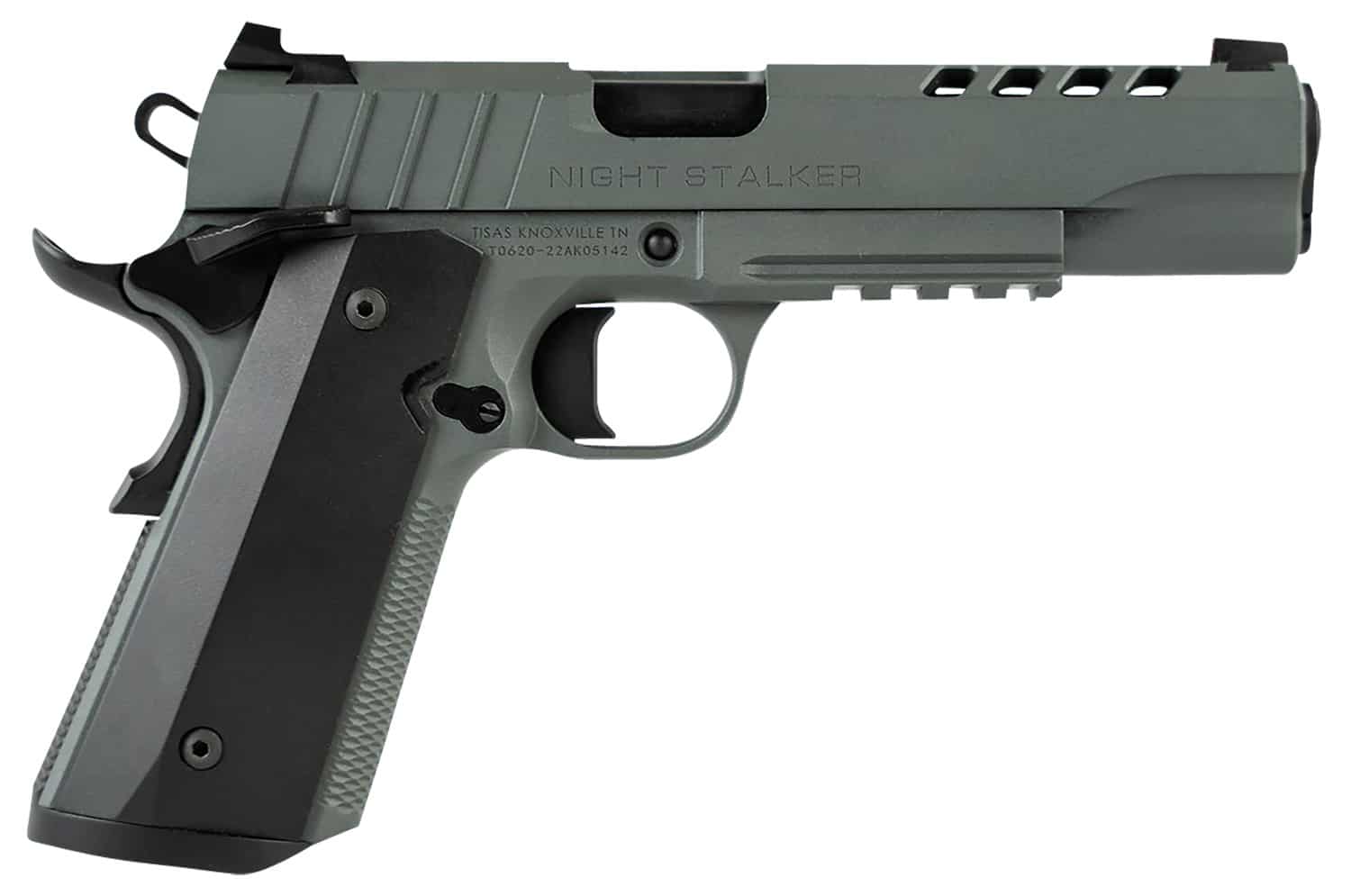 Tisas 10100512 1911 Night Stalker Full Size 45 ACP 8+1 5" Black Steel Ramped Barrel, Platinum Grey Cerakote Ported/Serrated Slide & Frame w/Picatinny Rail & Beavertail, Ambidextrous