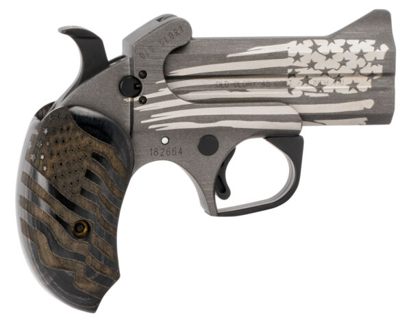Bond Arms BAOG Old Glory 45 Colt (LC)/410 Gauge 2rd 3.50" Stainless Barrel & Frame w/Cerakote Finished Laser Engraved American Flag, Auto Extractors & Rebounding Hammer, Custom Engraved Extended Black Ash Grip, Manual Safety