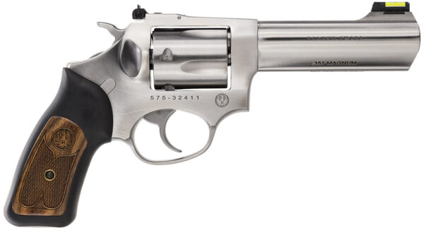 Ruger 5771 SP101 357 Mag 5rd 4.20" Satin Stainless Steel Barrel, Cylinder & Frame, Black Rubber w/Wood Insert Grip, Transfer Bar Safety, Exposed Hammer