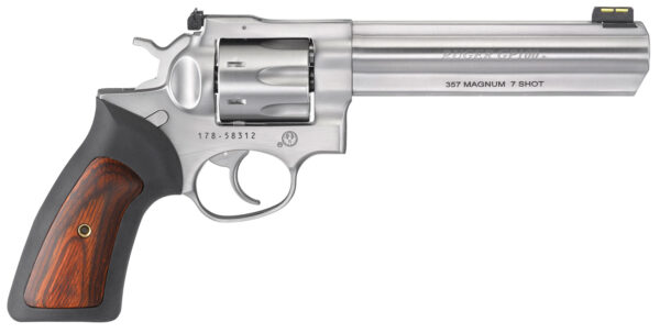 Ruger 1773 GP100 357 Mag 7 Shot, 6" Satin Stainless Steel Barrel, Satin Stainless Cylinder, Satin Stainless Steel Frame, Black Rubber w/Wood Insert Grip, Exposed Hammer