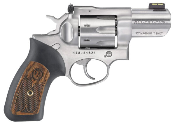 Ruger 1774 GP100 Small Frame 357 Mag 7 Shot, 2.50" Satin Stainless Steel Barrel, Satin Stainless Cylinder, Satin Stainless Steel Frame, Black Rubber w/Wood Insert Grip, Exposed Hammer