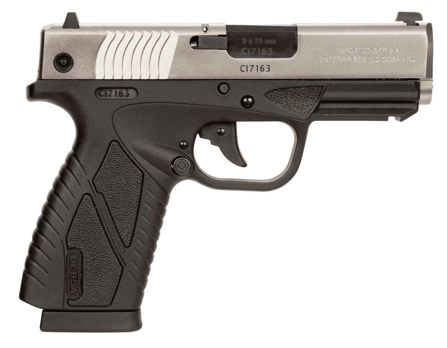 Bersa BP9DTCC BPCC Sub-Compact Frame 9mm Luger 8+1 3.30" Black Steel Barrel, Nickel Cerakote Serrated Steel Slide, Matte Black Polymer Frame w/Picatinny Rail