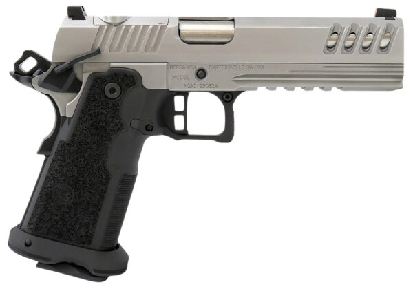 Bersa M2XIO5SSFN M2XI 9mm Luger 22+1 5" Stainless Match Grade Bull Barrel, Brushed Stainless Lightening Cut/Optic Cut/Serrated Steel Slide & Brushed Stainless Stainless Steel Frame w/Beavertail & Picatinny Rail, Black Polymer Grip