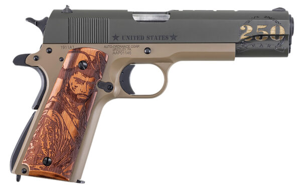 Auto-Ordnance 1911BKOC15 1911 Army Sports South Exclusive Full Size Frame 45 ACP 7+1 5" Stainless Steel Barrel, OD Green Cerakote w/Engraving Steel Serrated Slide, Coyote Tan Cerakote Steel Frame w/Beavertail, Custom Wood Grip