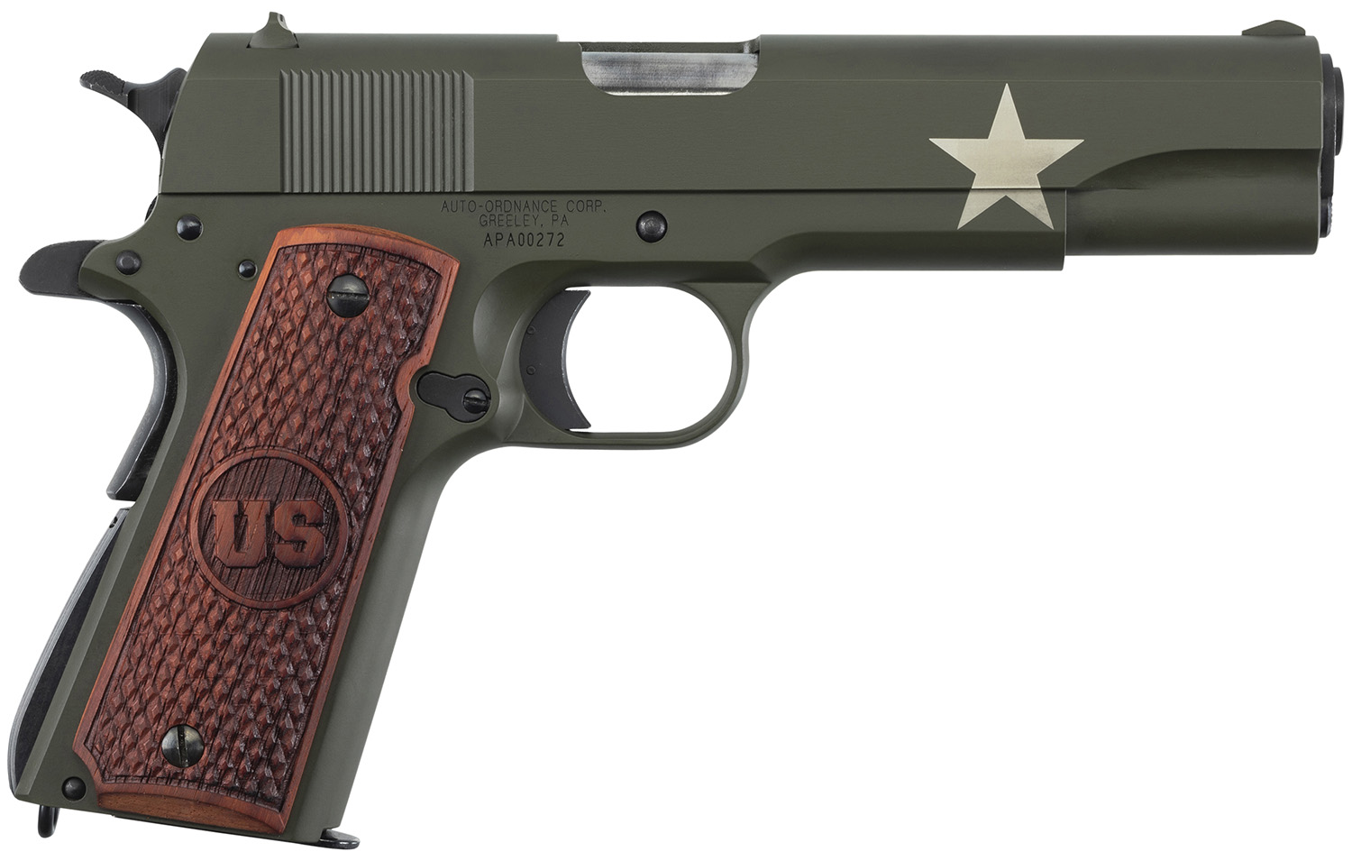 Auto-Ordnance 1911BKOC11 1911 A1 Tanker Special Edition 45 ACP 7+1, 5" Stainless Steel Barrel, OD Green Cerakote Serrated Carbon Steel Slide, OD Green Cerakote Carbon Steel Frame w/Beavertail, Checkered Wood w/Integrated US Logo Grip