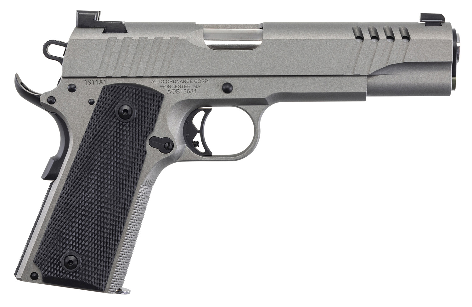 Auto-Ordnance 1911TCAC6N 1911 Full Size Frame 45 ACP 7+1, 5" Stainless Steel Barrel, Savage Cerakote Serrated w/Slide Cuts Stainless Steel Slide, Savage Cerakote Stainless Steel Frame w/Checkered Front Strap & Beavertail, Gray G10 Grip