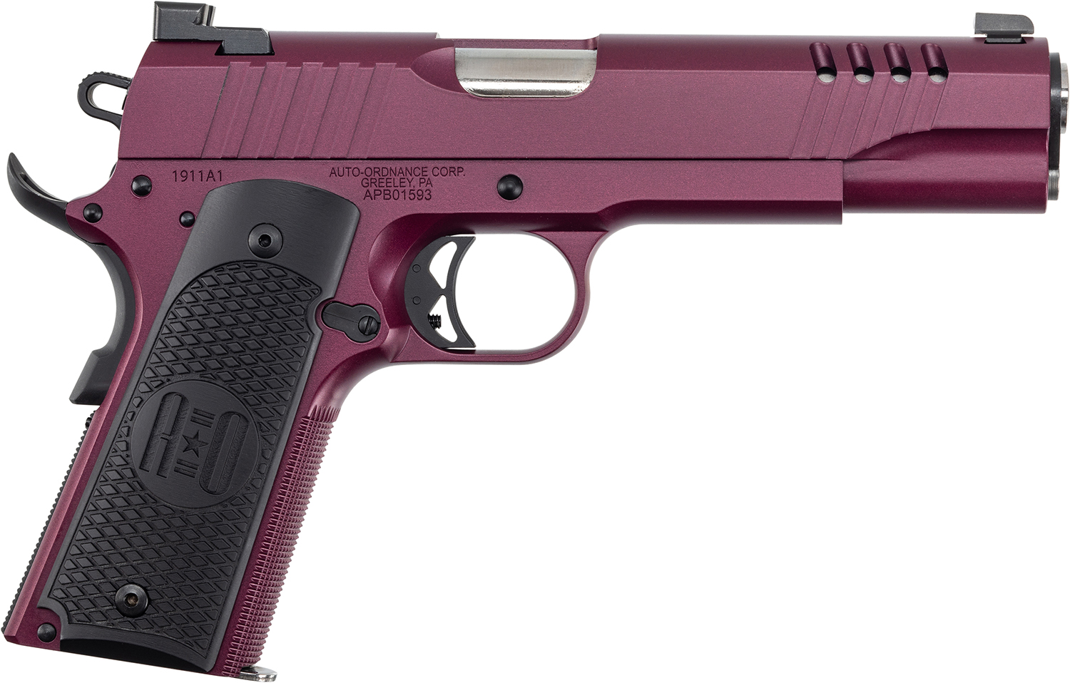 Auto-Ordnance 1911TCAC9 1911 Full Size Frame 45 ACP 7+1, 5" Stainless Steel Barrel, Black Cherry Cerakote Serrated w/Slide Cuts Stainless Steel Slide, Black Cherry Cerakote Stainless Steel Frame w/Checkered Front Strap & Beavertail, Armor Black Cerakote