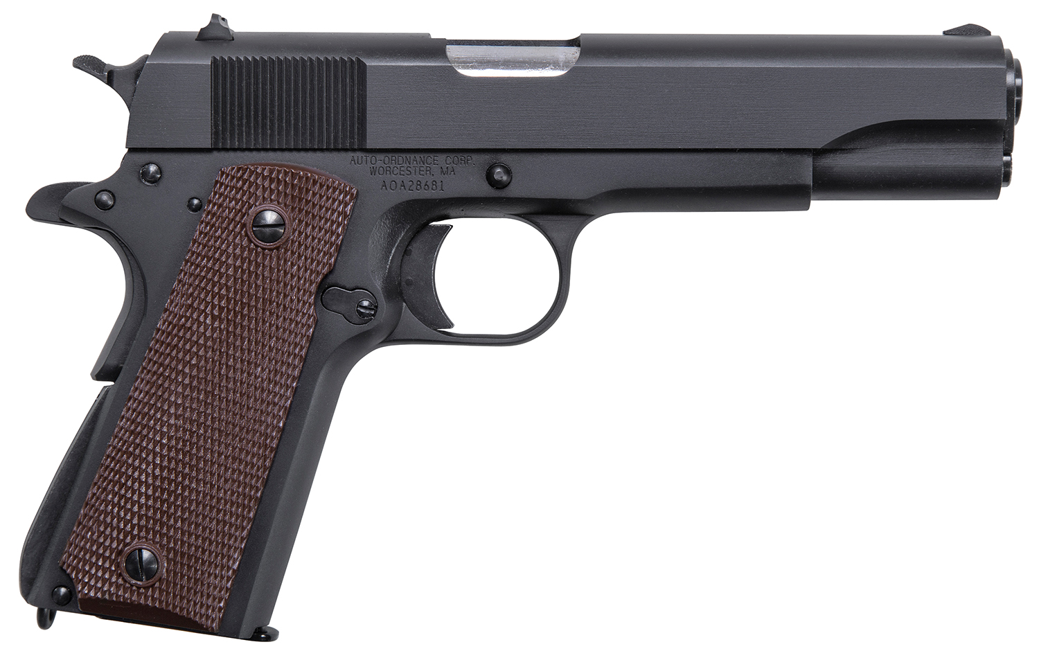 The Auto-Ordnance 1911 frame incorporates GI specs and features a matte black finished frame, barrel and slide. The carbon steel slide, sear, and disconnector are machined from solid bar stock, then heat treated properly to assure durability and long life over many thousands of rounds. The low-profile sights feature a blade front sight and a rear drift adjustable for windage. The 1911 is 100% made in the USA and includes one magazine.