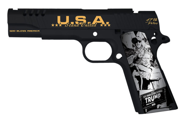 Auto-Ordnance 1911TCAC18 1911 Trump Fight Limited Edition 45 ACP 7+1 5" Stainless Match Grade Barrel, Black w/Gold Engraving Engraved/Ported/Serrated Black Cerakote Slide, Black Cerakote Stainless Steel Frame, Engraved Aluminum Grip