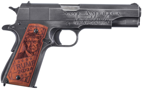 Auto-Ordnance 1911BKOC12 1911 Trump Save America Full Size Frame 45 ACP 7+1, 5" Stainless Steel Barrel, Distressed Armor Black Cerakote Serrated w/Engraving Carbon Steel Slide & Frame w/Beavertail, Custom Engraved Goncalo Wood Grip