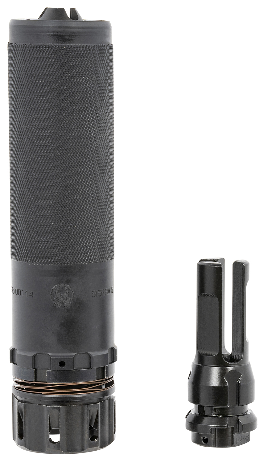 Dead Air SIERRA5KM Sierra-5 5.56mm 1.50"D 1/2"-28 tpi Thread Pattern Made of Stellite Baffles & Stainless Steel Tube with Black Cerakote Finish Includes KeyMo Flash Hider & Mount