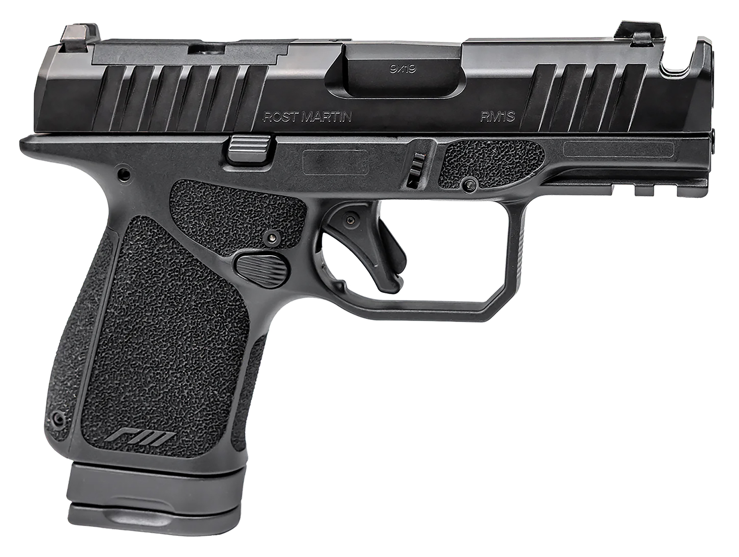 Rost Martin RM1SBLKOSP10CA(COMP) RM1S *CA Compliant Sub-Compact 9mm Luger 10+1 3.60" Match Grade Barrel, Black Nitron Steel Integrated Compensator/Optic Ready/Serrated Slide, Black Polymer Frame w/Picatinny Rail, Interchangeable Backstrap Grip, RMR Footpr