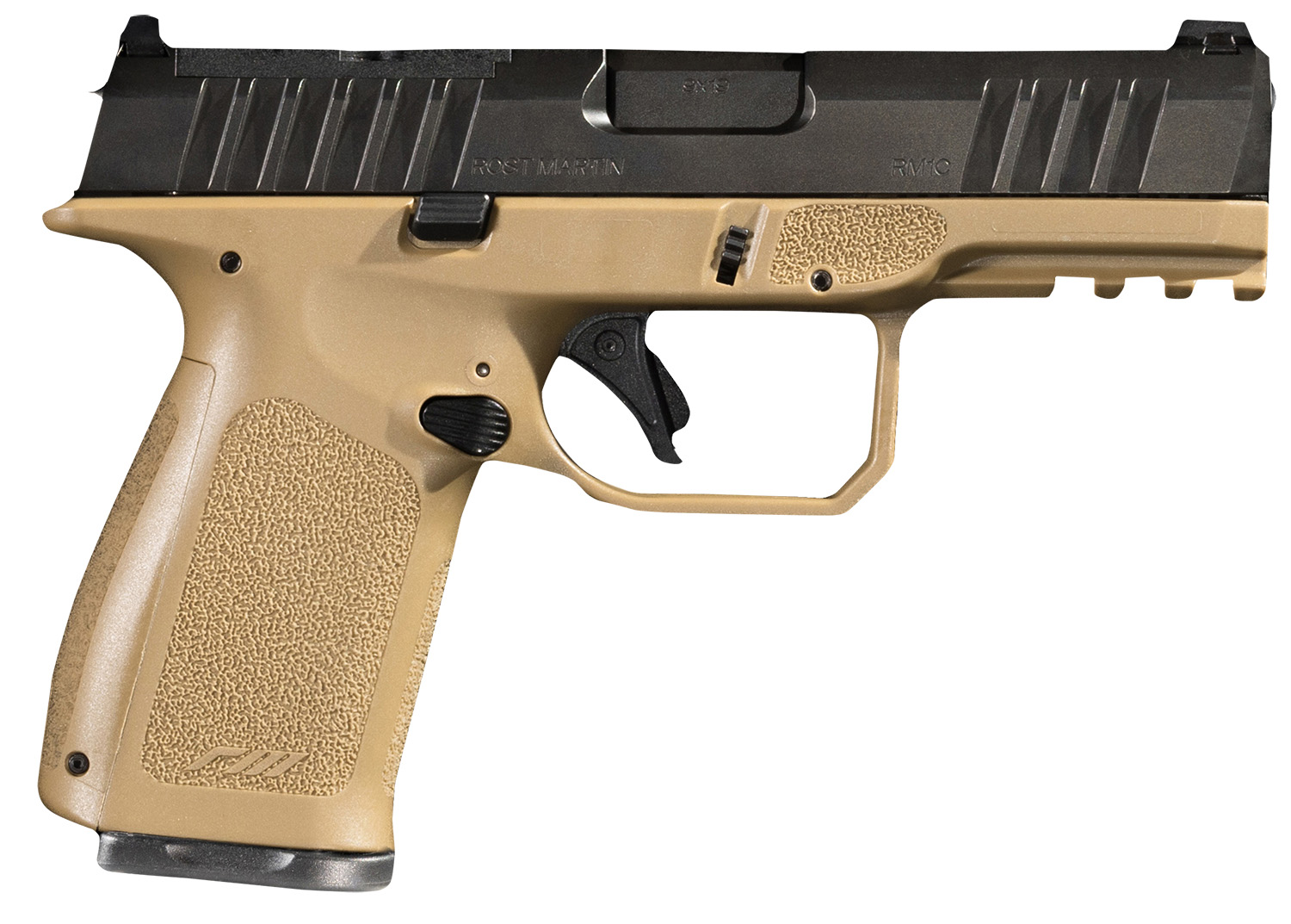 Rost Martin RM1CFDEOSP RM1C Compact Frame 9mm Luger 17+1 4" Black Match Grade Barrel, Black Nitron Steel Optic Ready/Serrated Slide, Flat Dark Earth Polymer Frame w/Picatinny Rail, Textured Grip, RMR Footprint, Ambidextrous