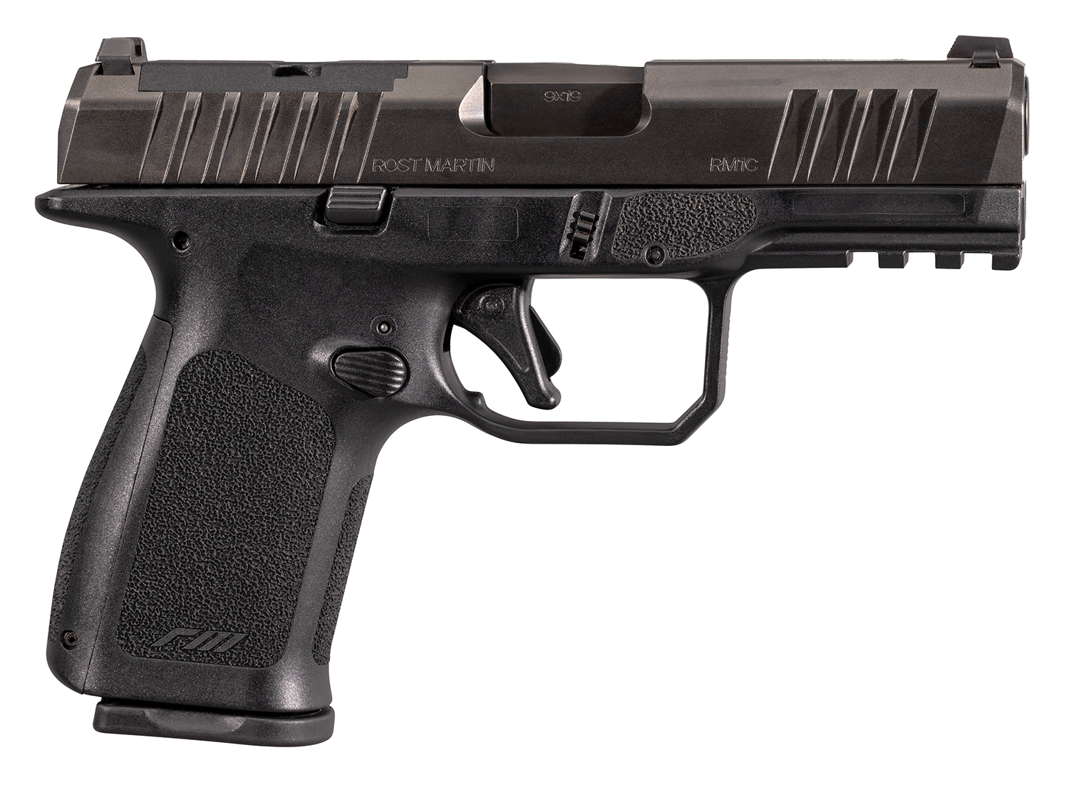 Rost Martin RM1CBLKOSP10CA RM1C *CA Compliant Compact 9mm Luger 10+1 4" Black Match Grade Barrel, Black Tenifer Steel Optic Ready/Serrated Slide, Black Polymer Frame w/Picatinny Rail, Textured Grip, Ambidextrous