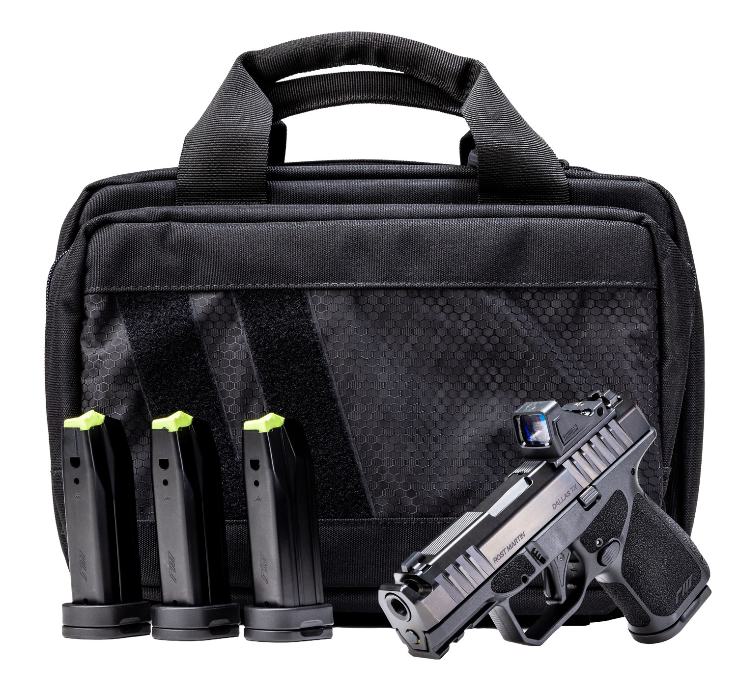 Rost Martin RM1SBLKOSP(COMP)SPL RM1S Comp Bundle 9mm Luger 12+1 15rd 3.60" Compensated Barrel, Black Nitron Steel Integrated Compensator/Serrated w/Optic Slide, Black Polymer Frame w/Picatinny Rail, Textured Grip, Viridian RFX-11 Green